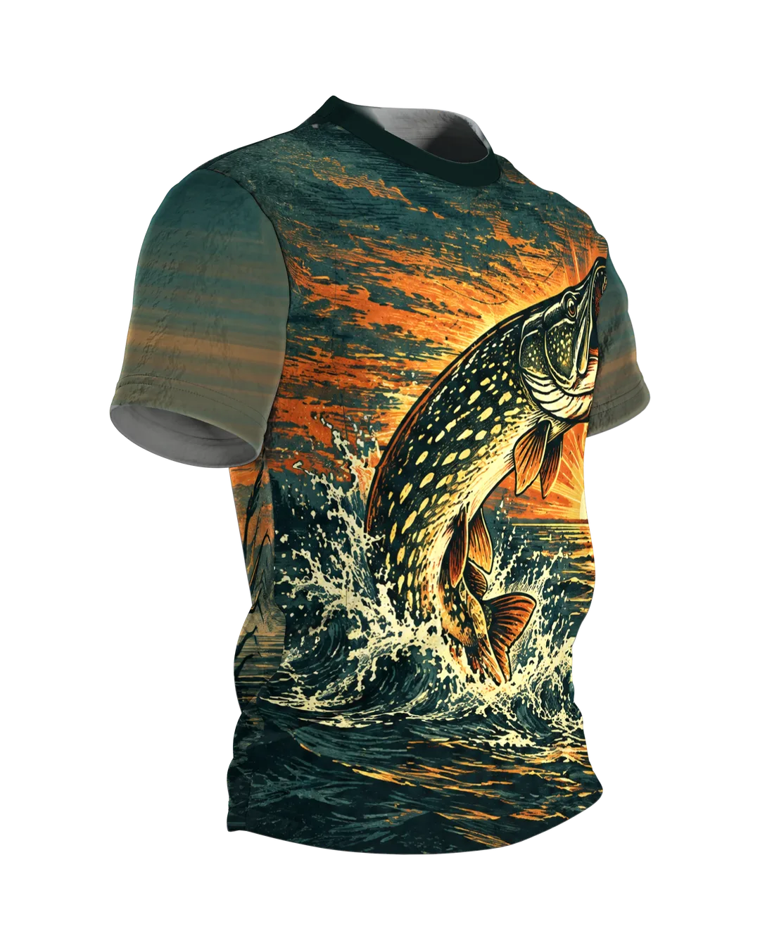 Springender Hecht T-Shirt bei Sonnenaufgang am See, Retro-Linolschnitt mit Schilf auf dem Rücken, Rundum-Druck für Angler, Seitenansicht links