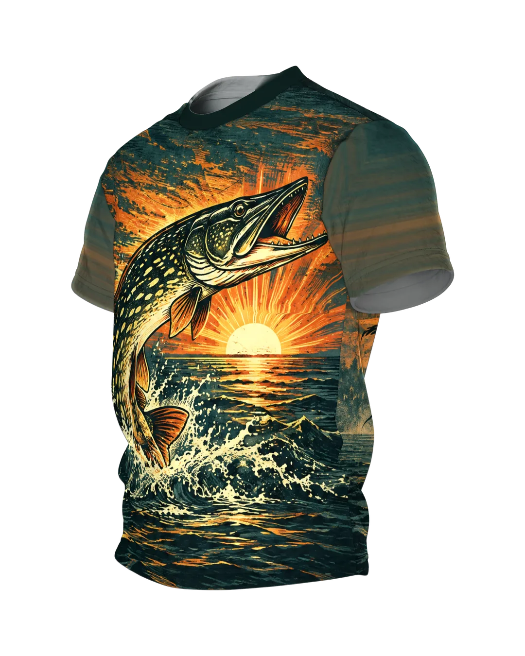 Springender Hecht T-Shirt bei Sonnenaufgang am See, Retro-Linolschnitt mit Schilf auf dem Rücken, Rundum-Druck für Angler, Seitenansicht rechts