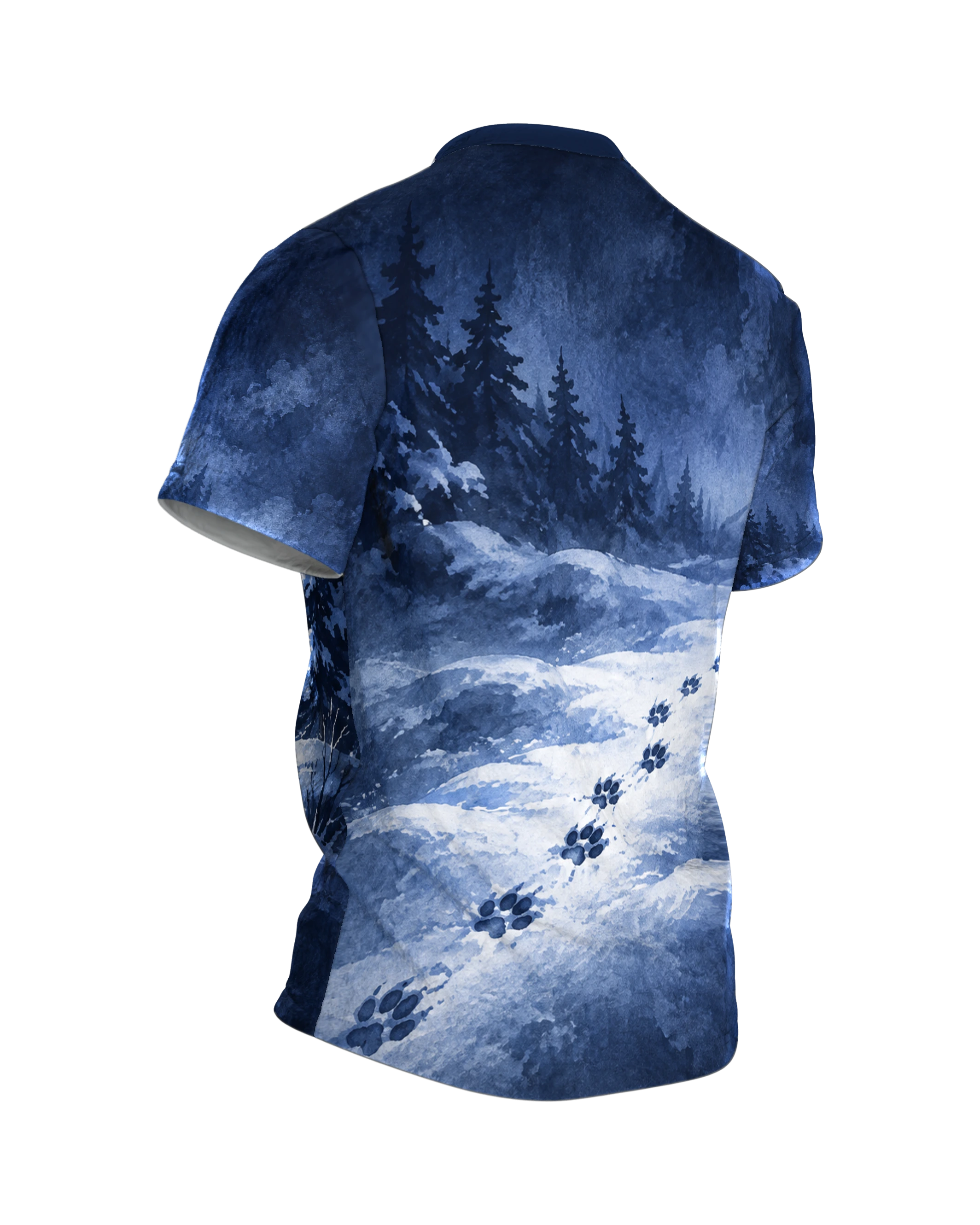 Fuchs im Schnee T-Shirt mit Vollmond über dem Winterwald, Pfotenspur auf dem Rücken, Tuschezeichnung in Blau und Weiß, Rückseite schräg rechts