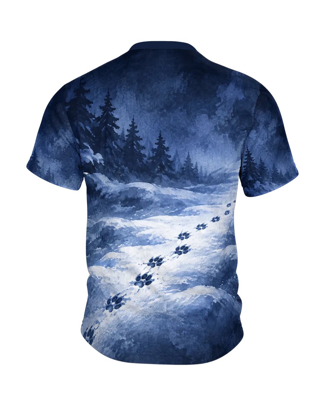 Fuchs im Schnee T-Shirt mit Vollmond über dem Winterwald, Pfotenspur auf dem Rücken, Tuschezeichnung in Blau und Weiß, Rückseite