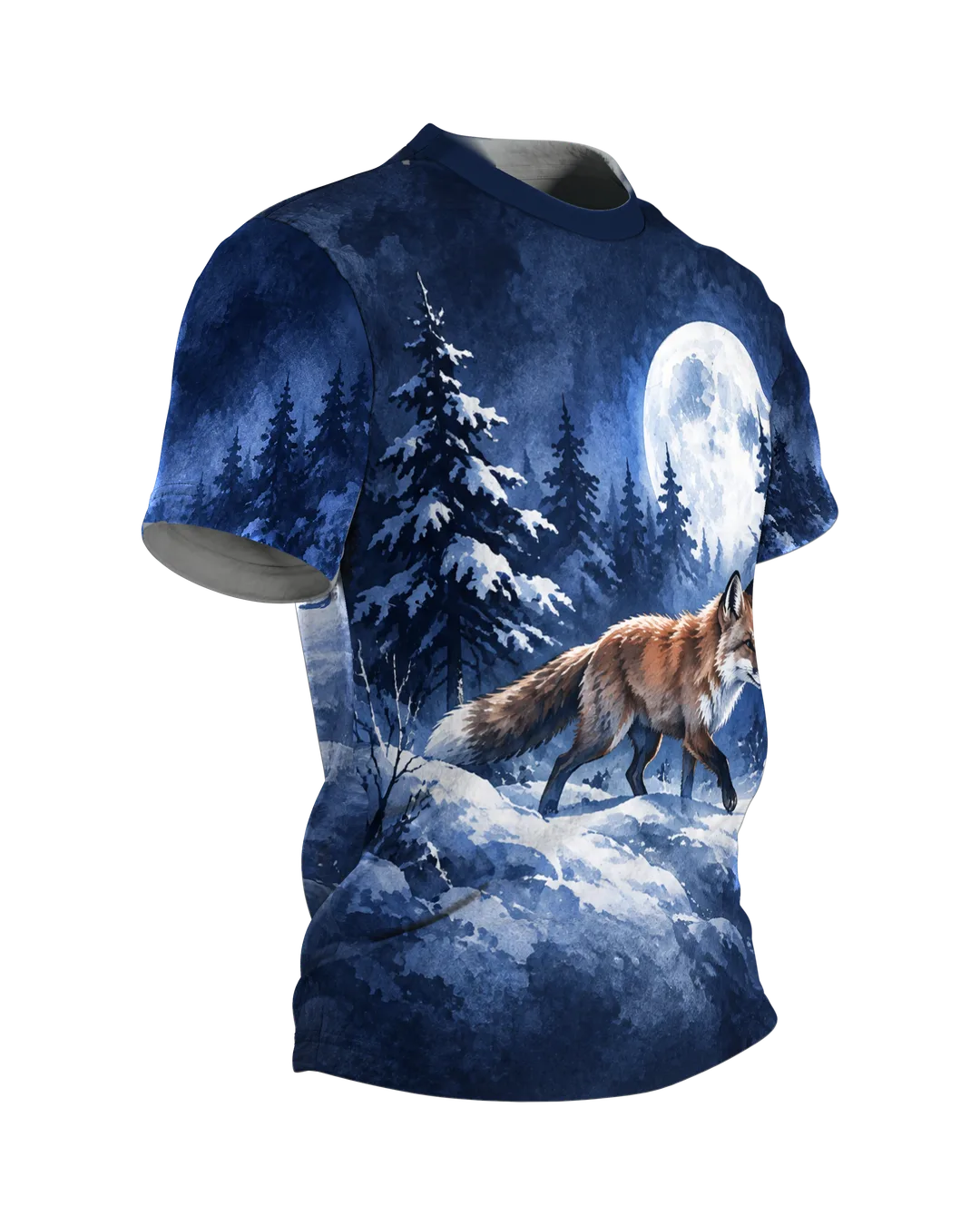 Fuchs im Schnee T-Shirt mit Vollmond über dem Winterwald, Pfotenspur auf dem Rücken, Tuschezeichnung in Blau und Weiß, Seitenansicht links