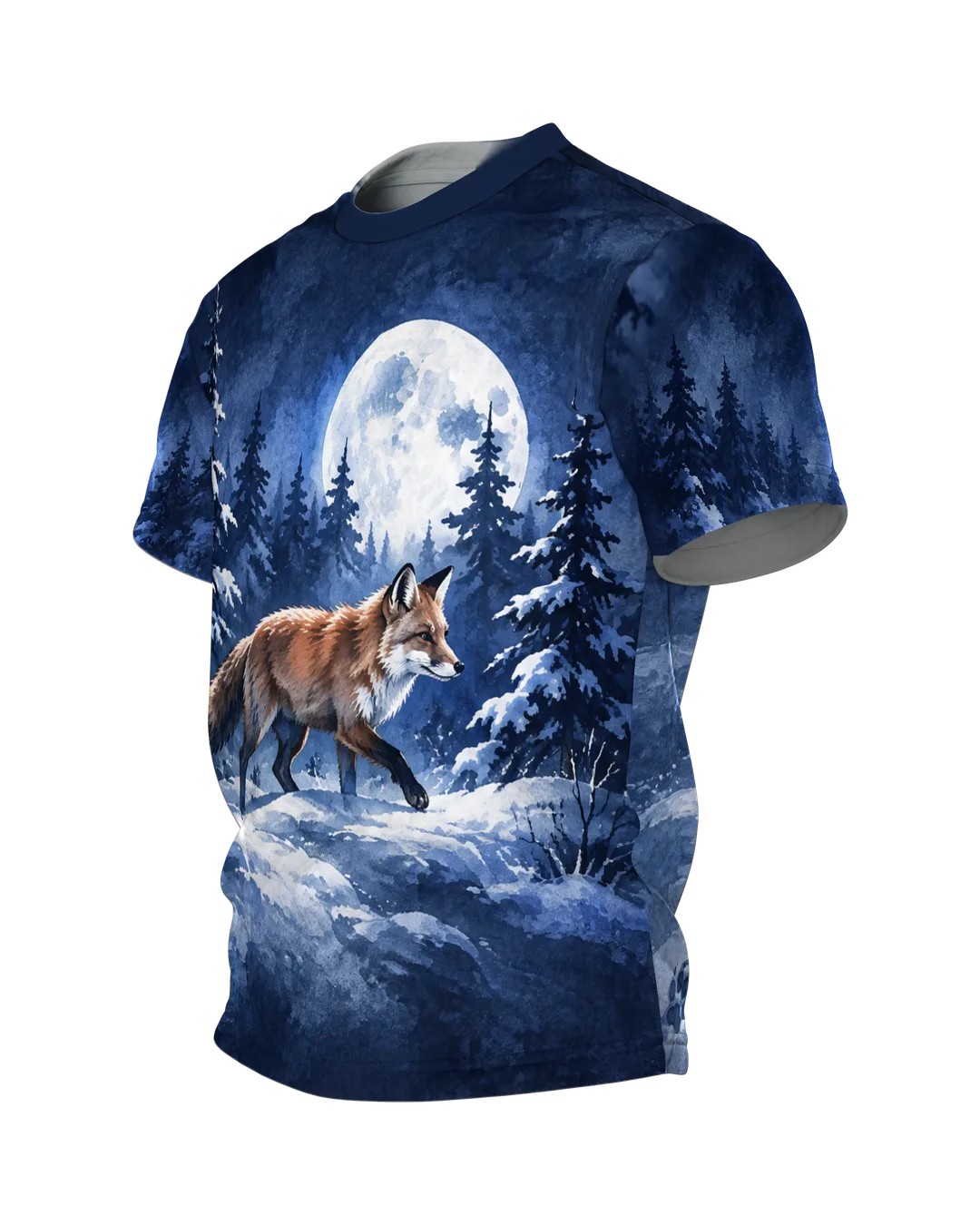 Fuchs im Schnee T-Shirt mit Vollmond über dem Winterwald, Pfotenspur auf dem Rücken, Tuschezeichnung in Blau und Weiß, Seitenansicht rechts
