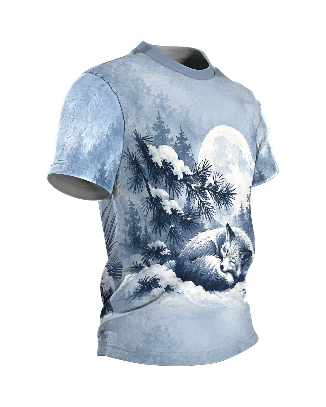 Winterwald Fuchs bei Vollmond T-Shirt: Ruhige Tuschezeichnung, Seitenansicht links