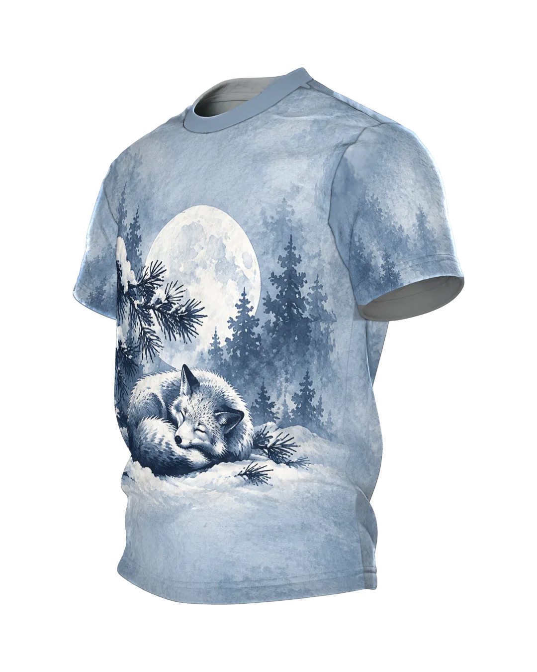 Winterwald Fuchs bei Vollmond T-Shirt: Ruhige Tuschezeichnung, Seitenansicht rechts