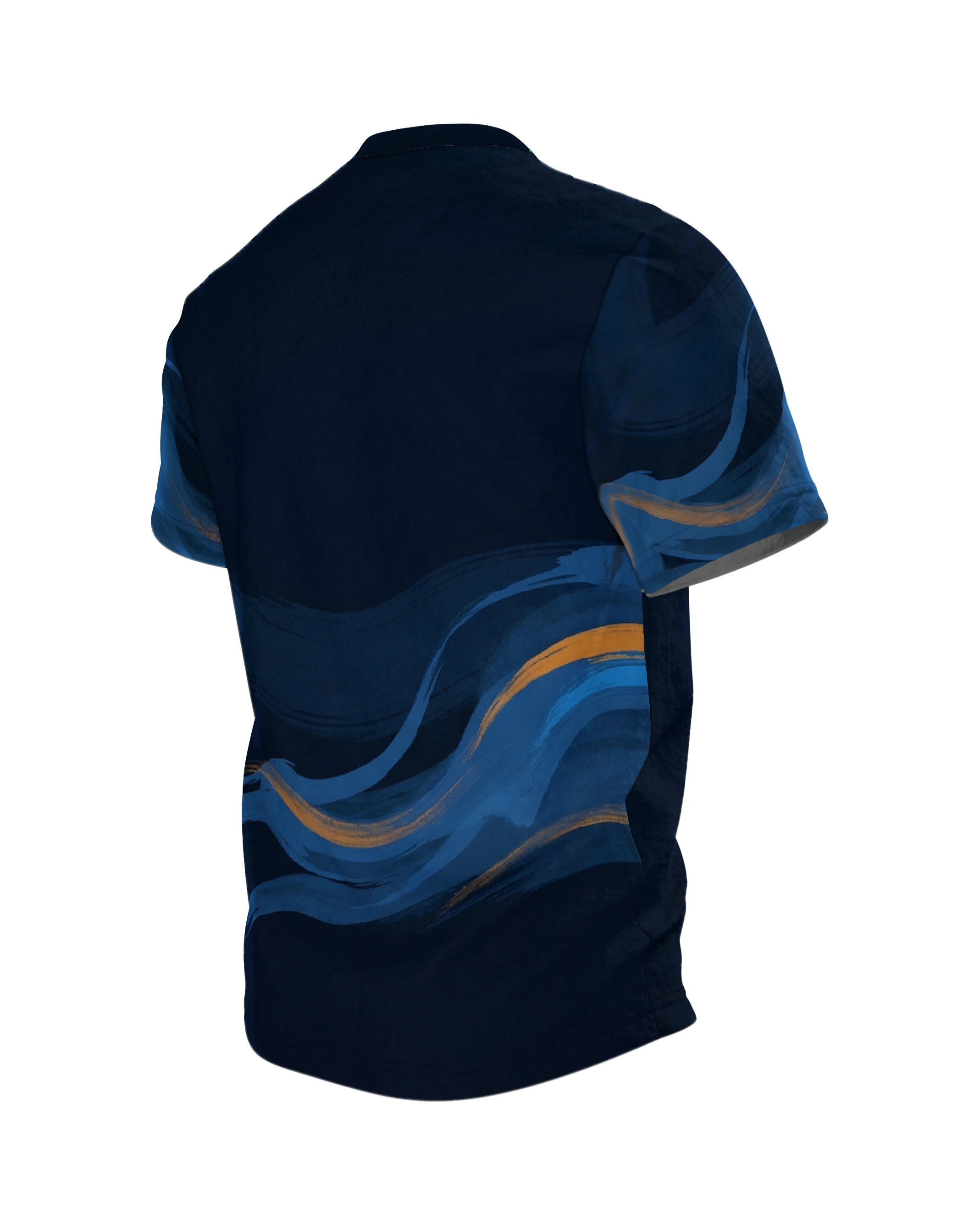 Phoenix Pinselstrich T-Shirt, aufsteigender Vogel aus blauen Malstrichen, Schweif-Wellen am Rücken, Rückseite schräg links