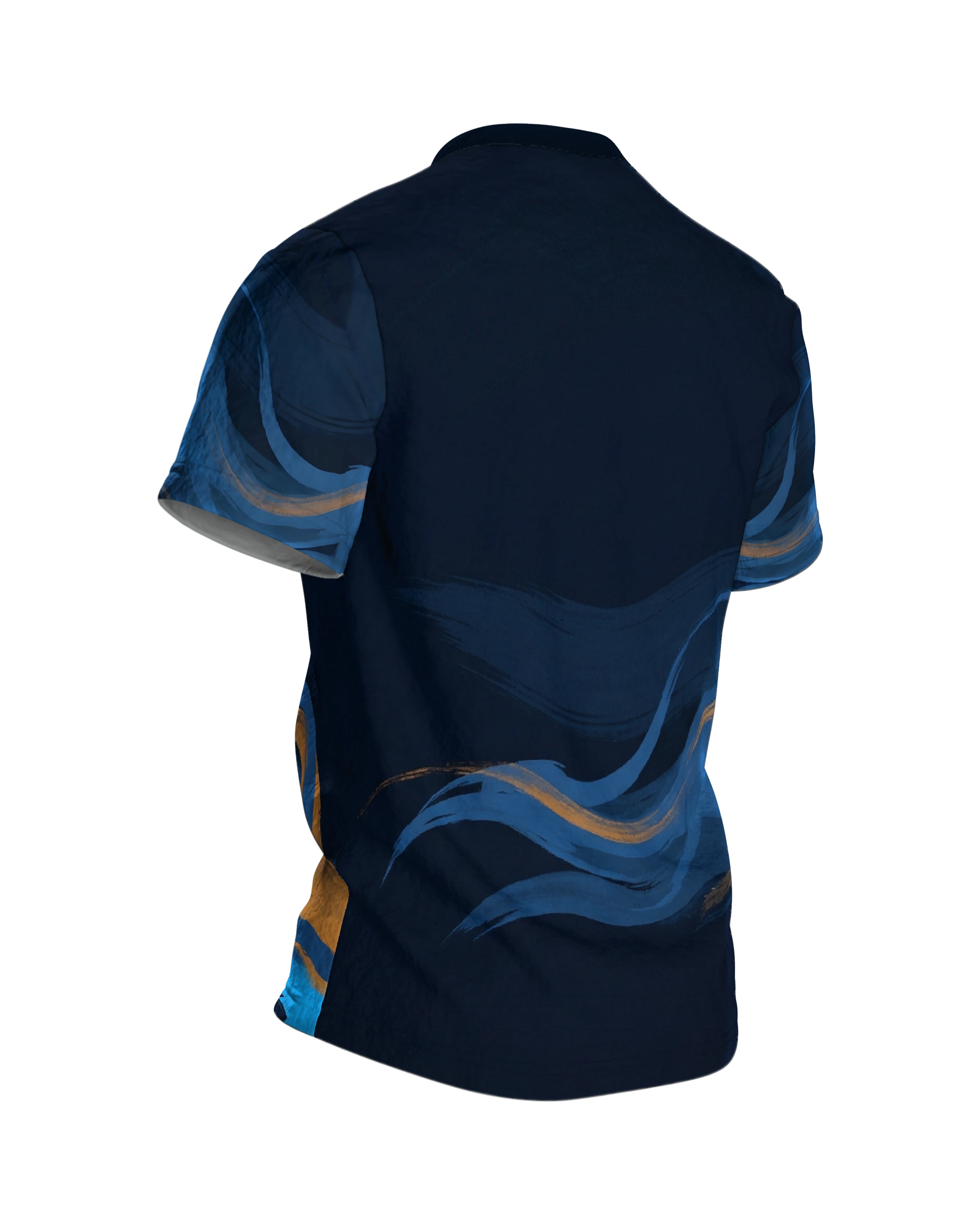 Phoenix Pinselstrich T-Shirt, aufsteigender Vogel aus blauen Malstrichen, Schweif-Wellen am Rücken, Rückseite schräg rechts