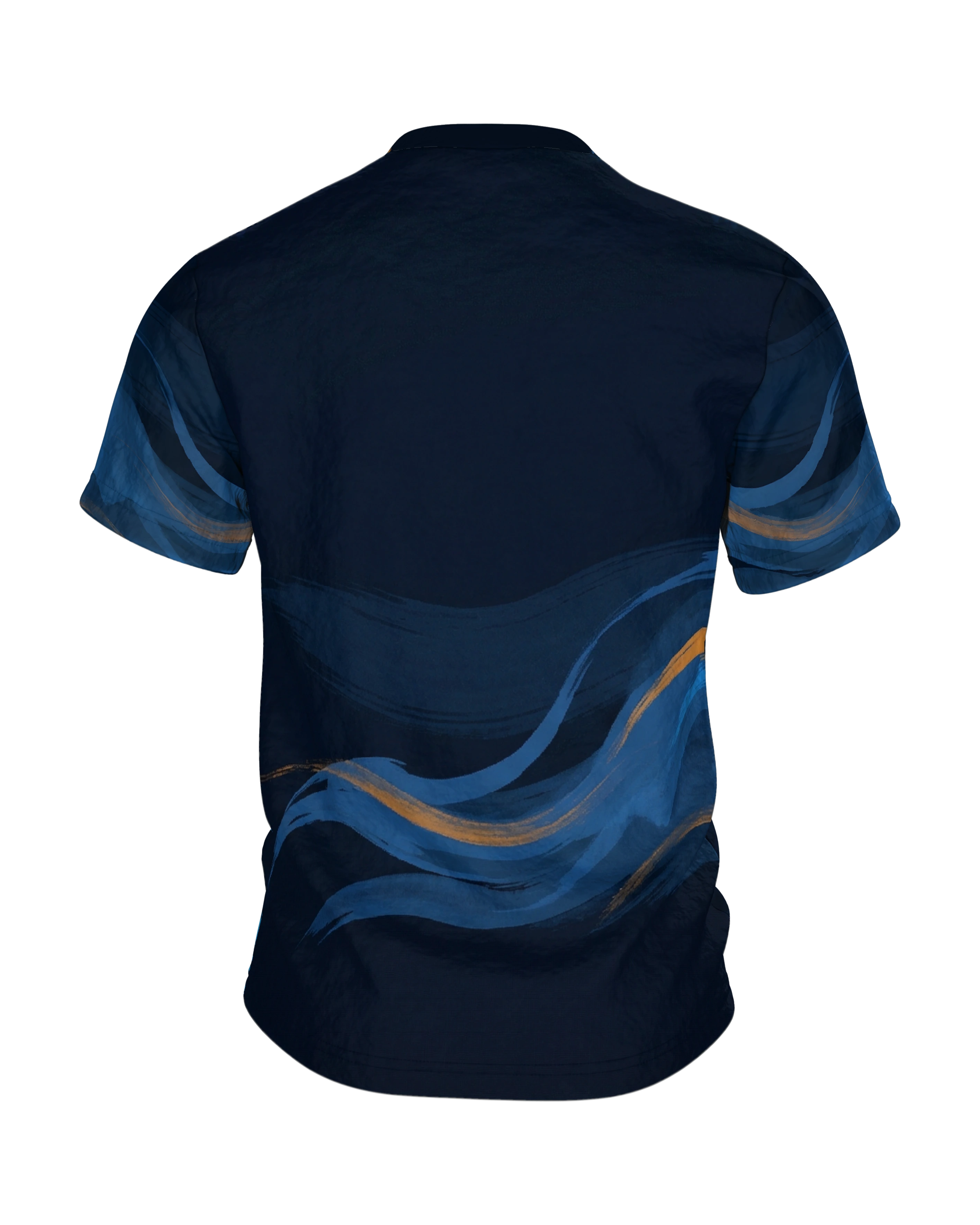 Phoenix Pinselstrich T-Shirt, aufsteigender Vogel aus blauen Malstrichen, Schweif-Wellen am Rücken, Rückseite