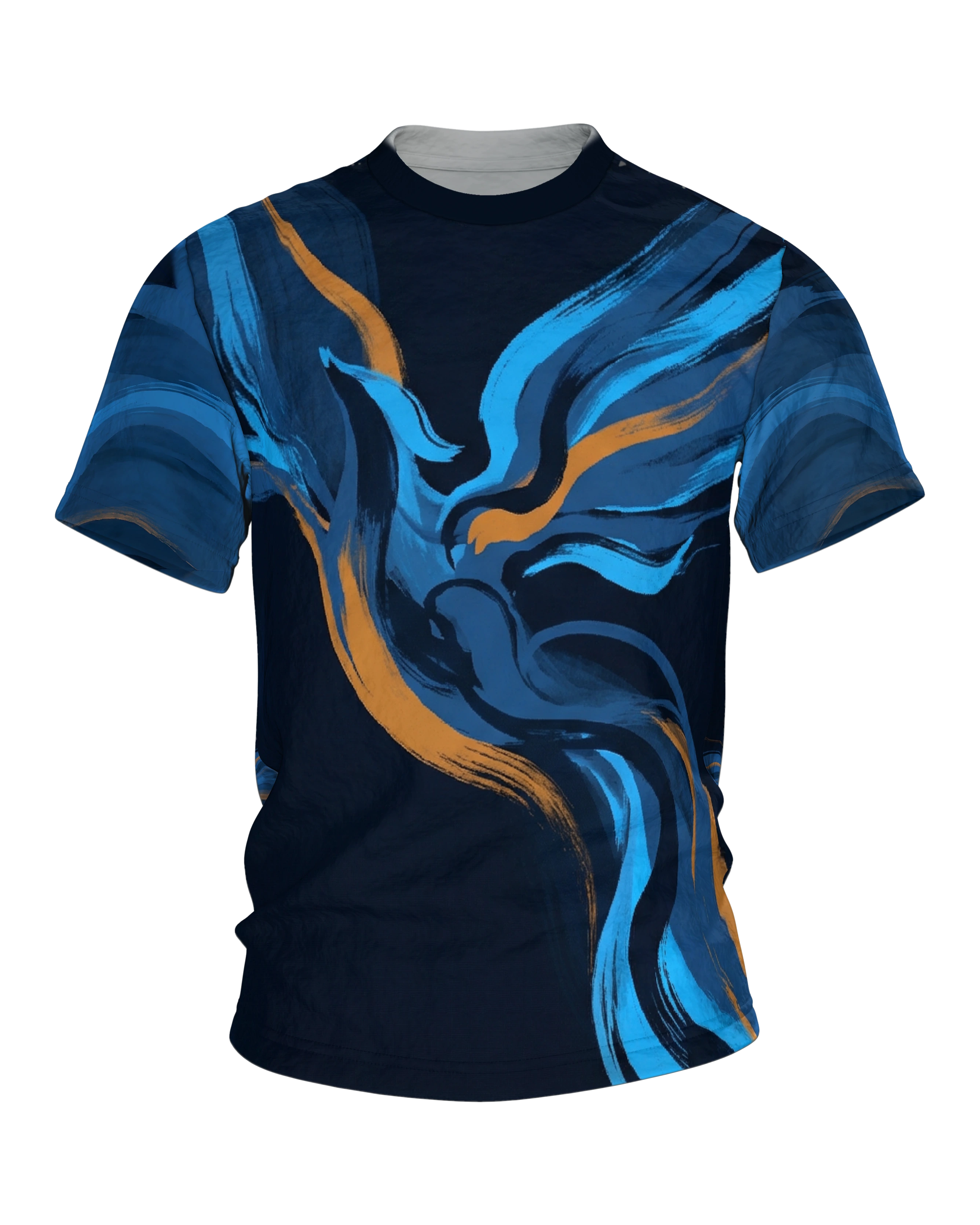 Phoenix Pinselstrich T-Shirt, aufsteigender Vogel aus blauen Malstrichen, Schweif-Wellen am Rücken
