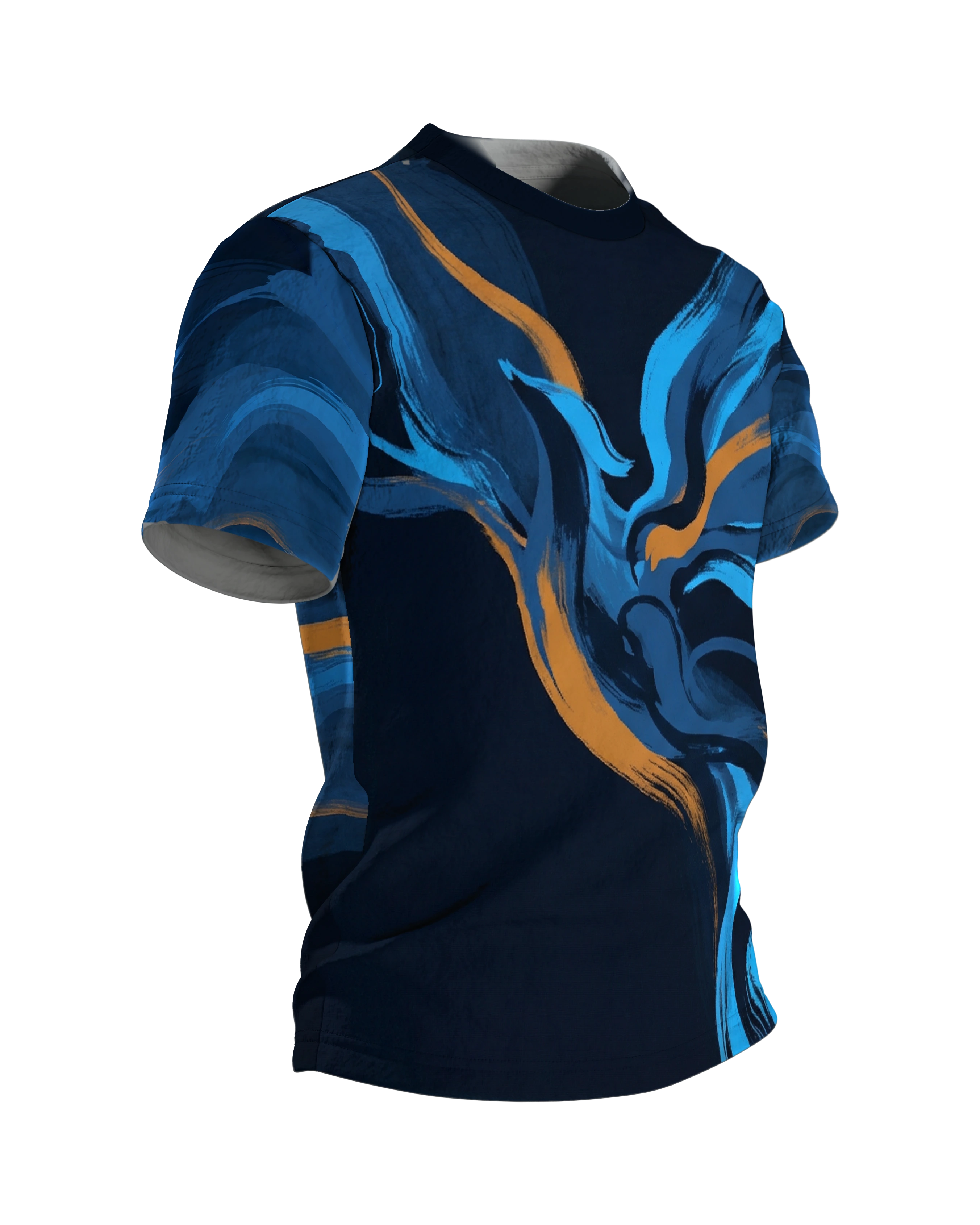 Phoenix Pinselstrich T-Shirt, aufsteigender Vogel aus blauen Malstrichen, Schweif-Wellen am Rücken, Seitenansicht links