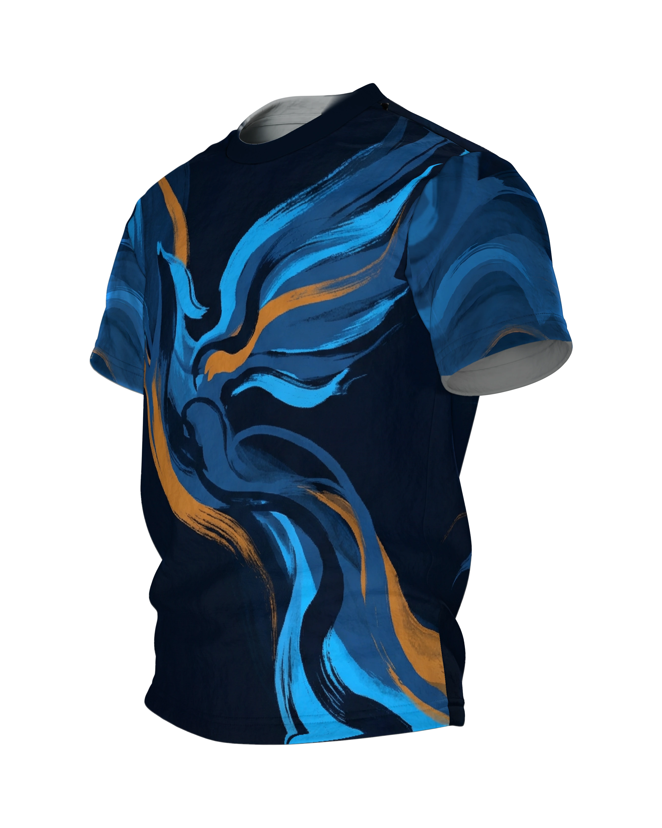 Phoenix Pinselstrich T-Shirt, aufsteigender Vogel aus blauen Malstrichen, Schweif-Wellen am Rücken, Seitenansicht rechts
