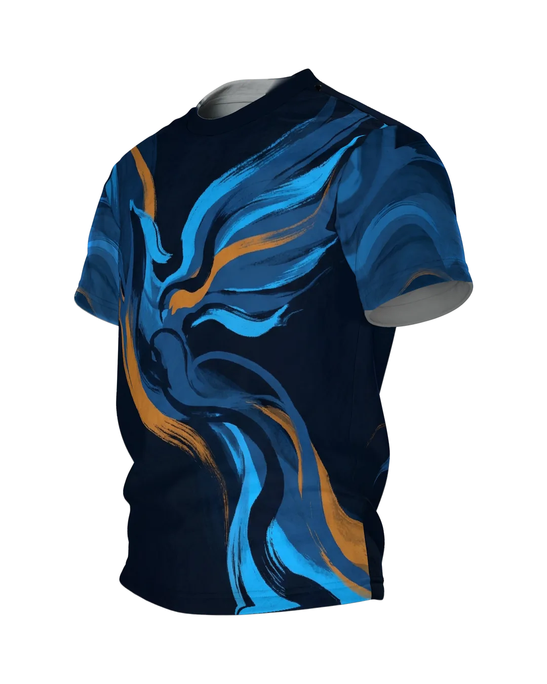 Phoenix Pinselstrich T-Shirt, aufsteigender Vogel aus blauen Malstrichen, Schweif-Wellen am Rücken, Seitenansicht rechts