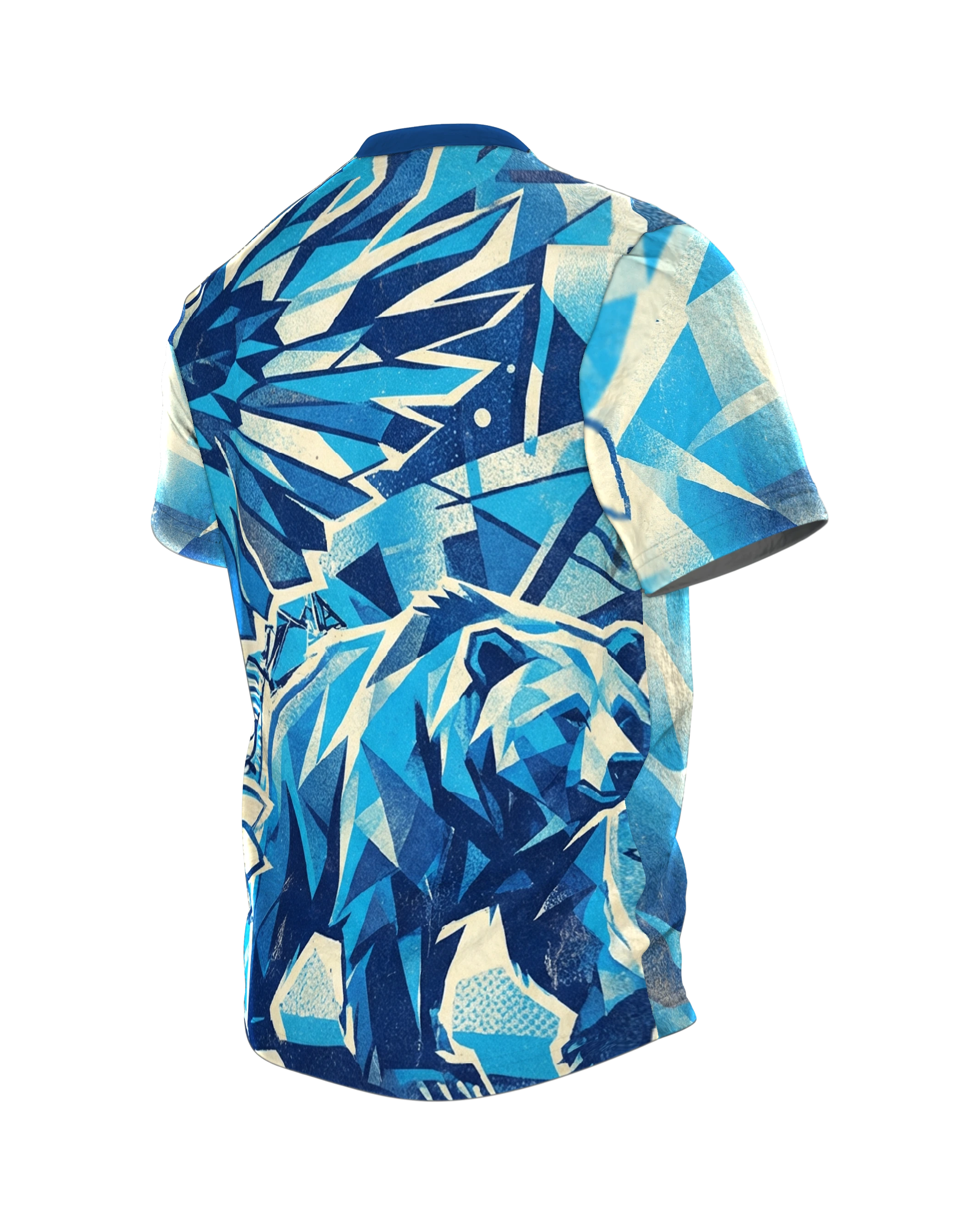 Geometrischer Adler T-Shirt, Low-Poly Facetten in Eisblau, Polygon-Bär auf der Rückseite, Rückseite schräg links