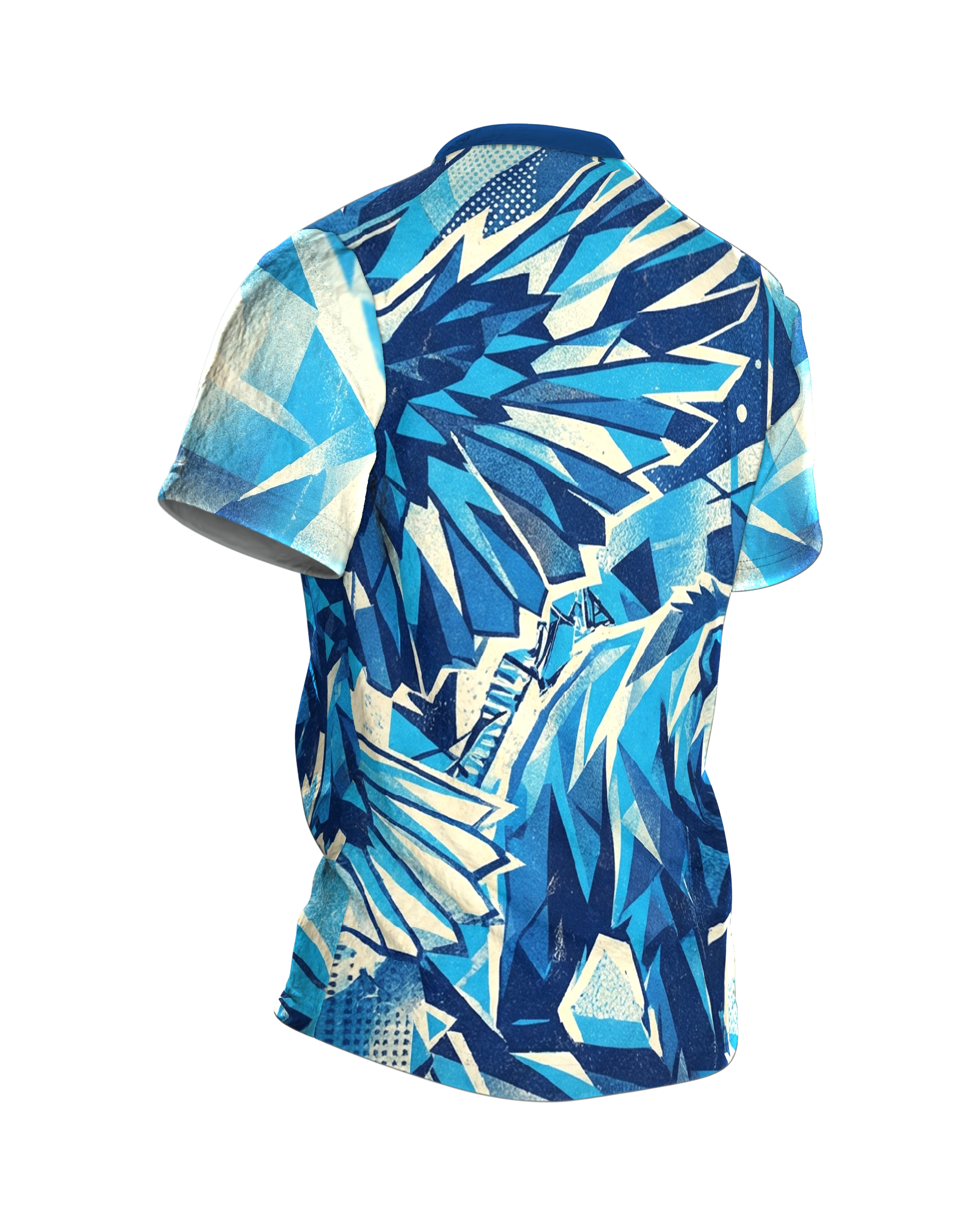 Geometrischer Adler T-Shirt, Low-Poly Facetten in Eisblau, Polygon-Bär auf der Rückseite, Rückseite schräg rechts