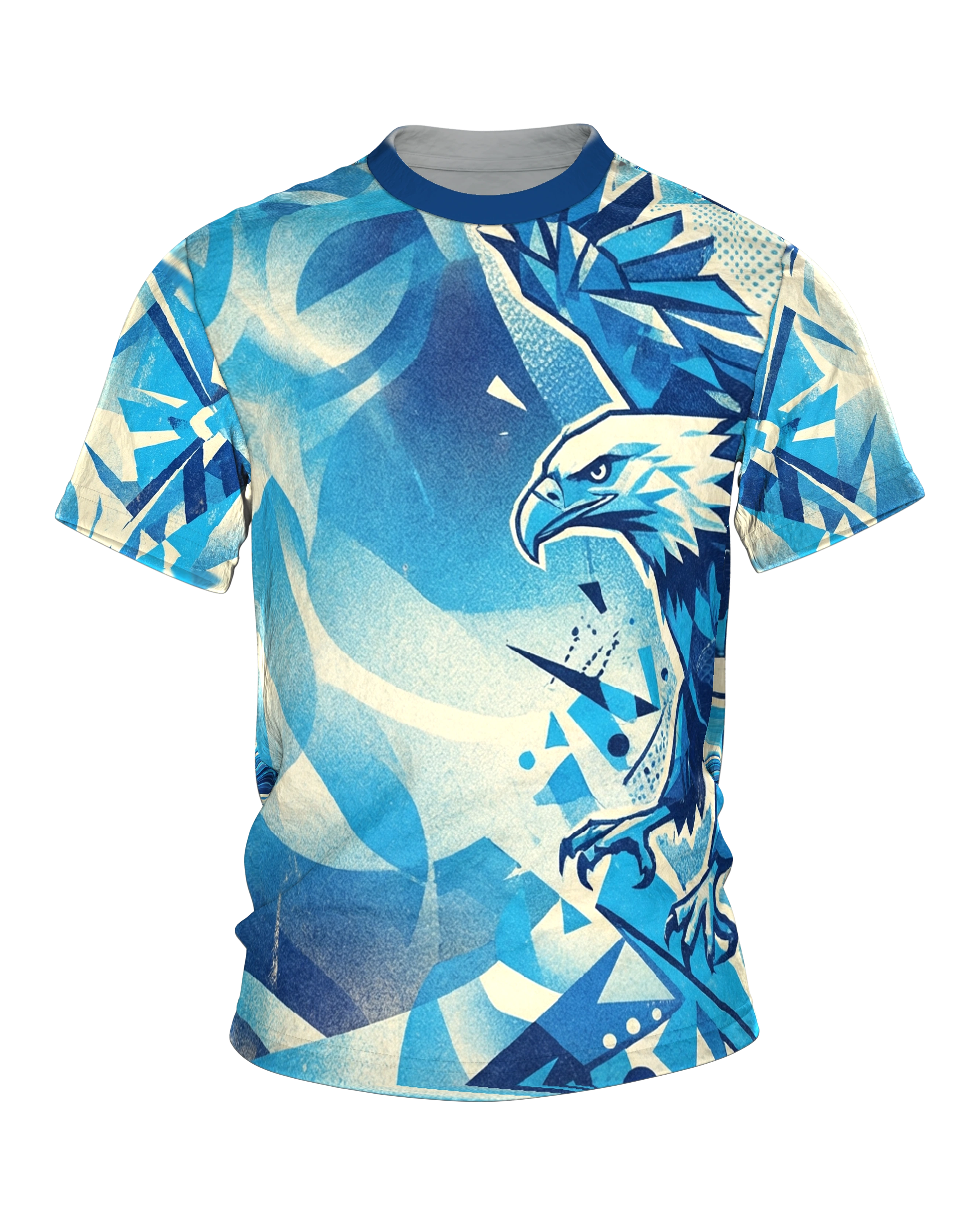 Geometrischer Adler T-Shirt, Low-Poly Facetten in Eisblau, Polygon-Bär auf der Rückseite