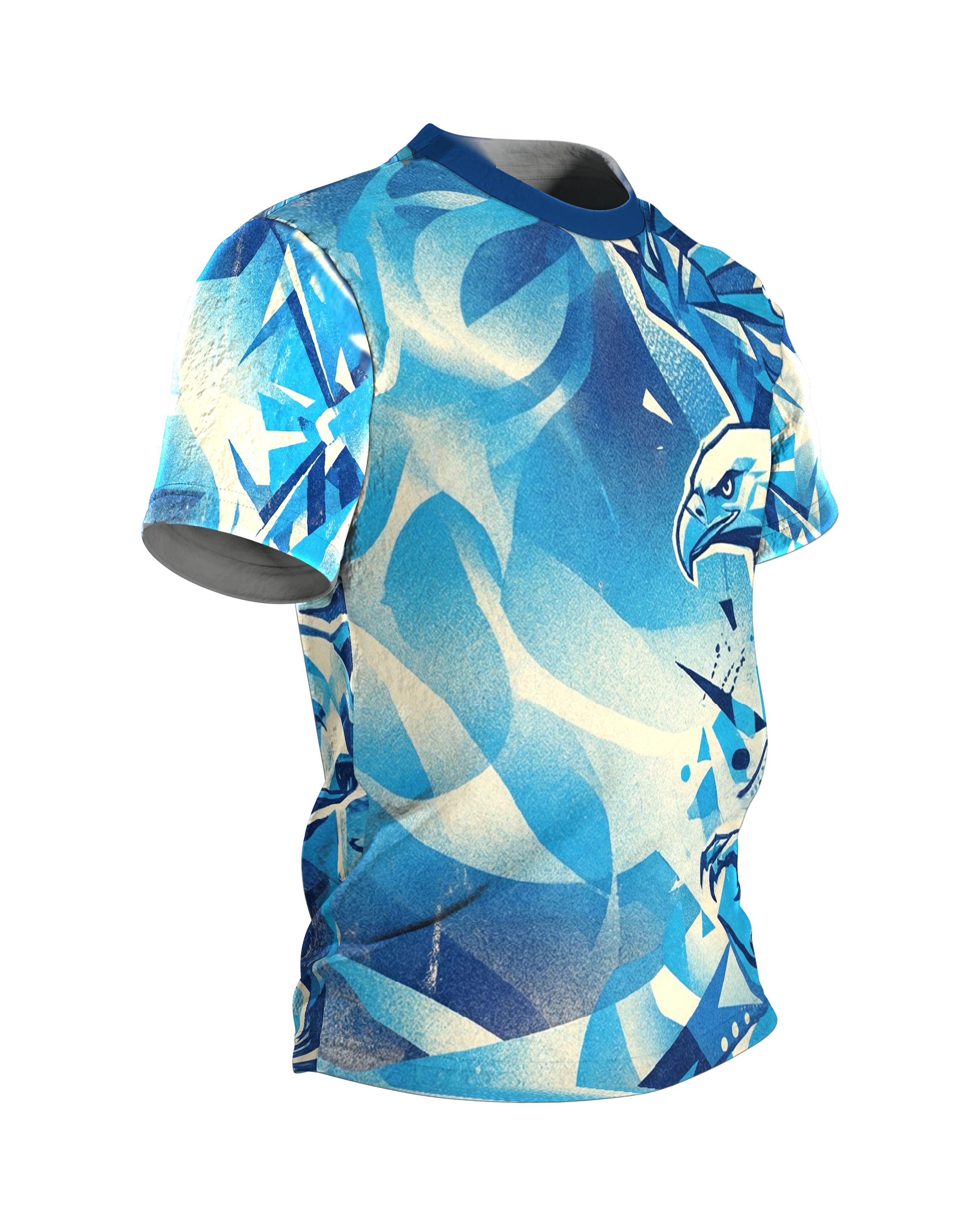 Geometrischer Adler T-Shirt, Low-Poly Facetten in Eisblau, Polygon-Bär auf der Rückseite, Seitenansicht links