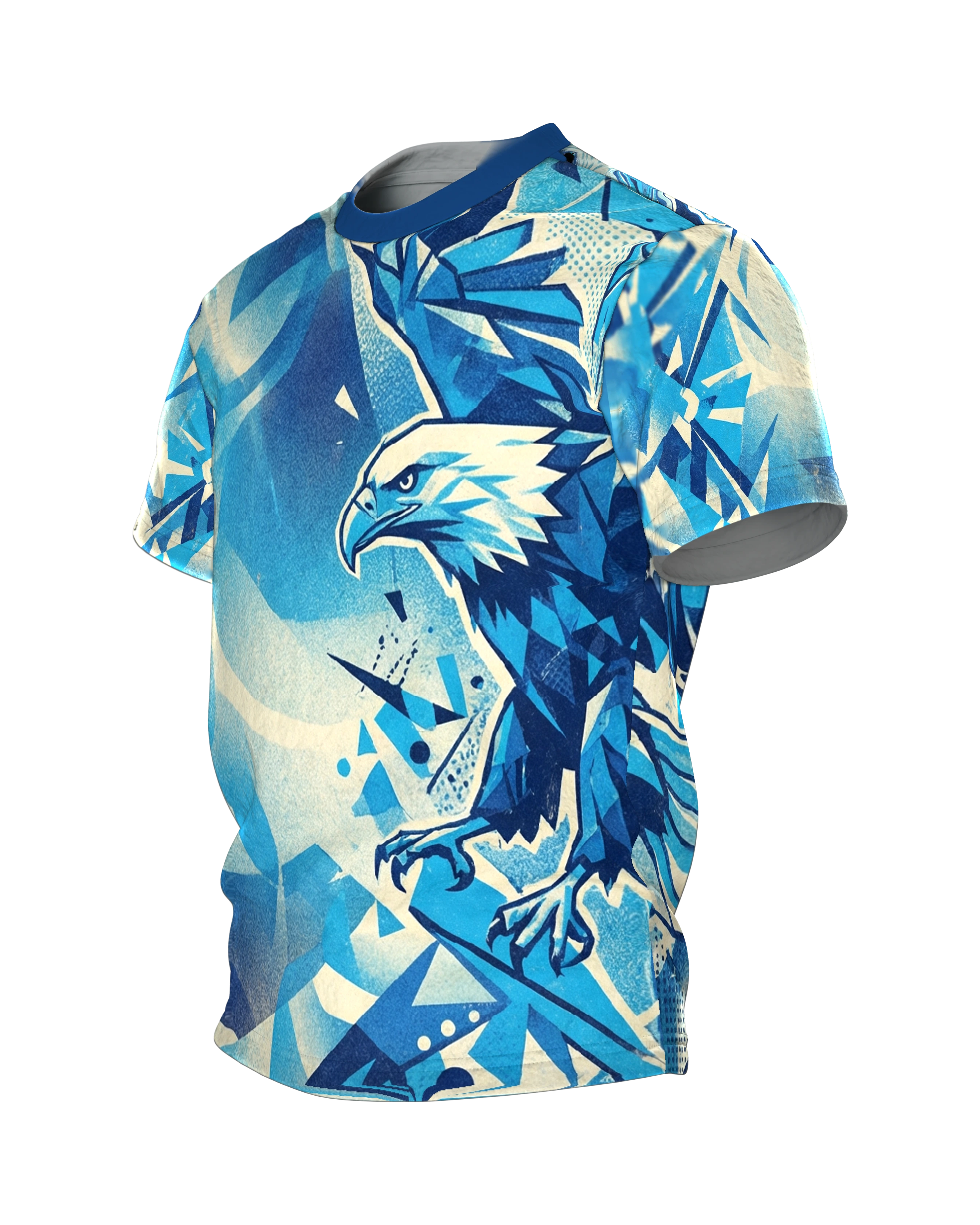 Geometrischer Adler T-Shirt, Low-Poly Facetten in Eisblau, Polygon-Bär auf der Rückseite, Seitenansicht rechts