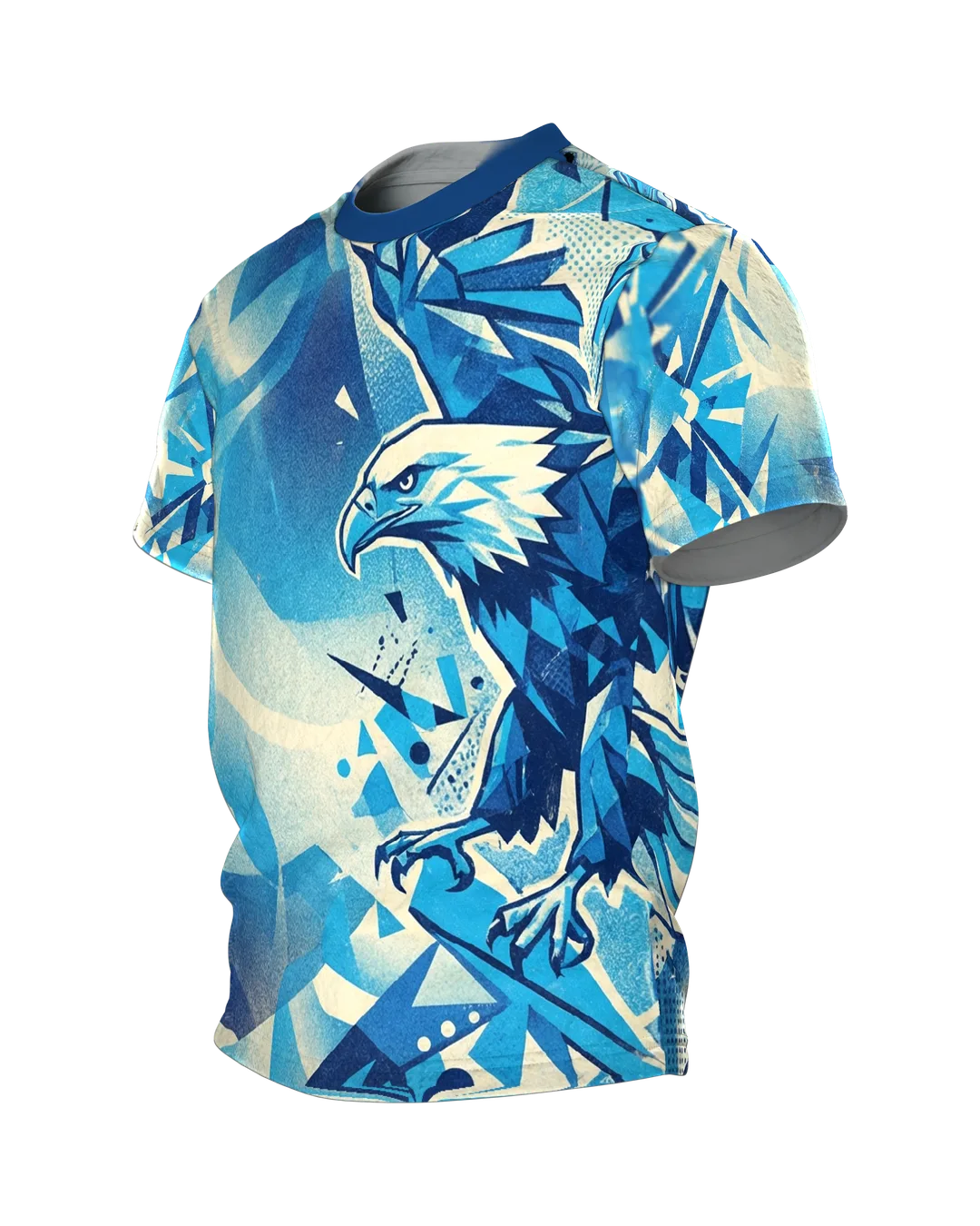 Geometrischer Adler T-Shirt, Low-Poly Facetten in Eisblau, Polygon-Bär auf der Rückseite, Seitenansicht rechts