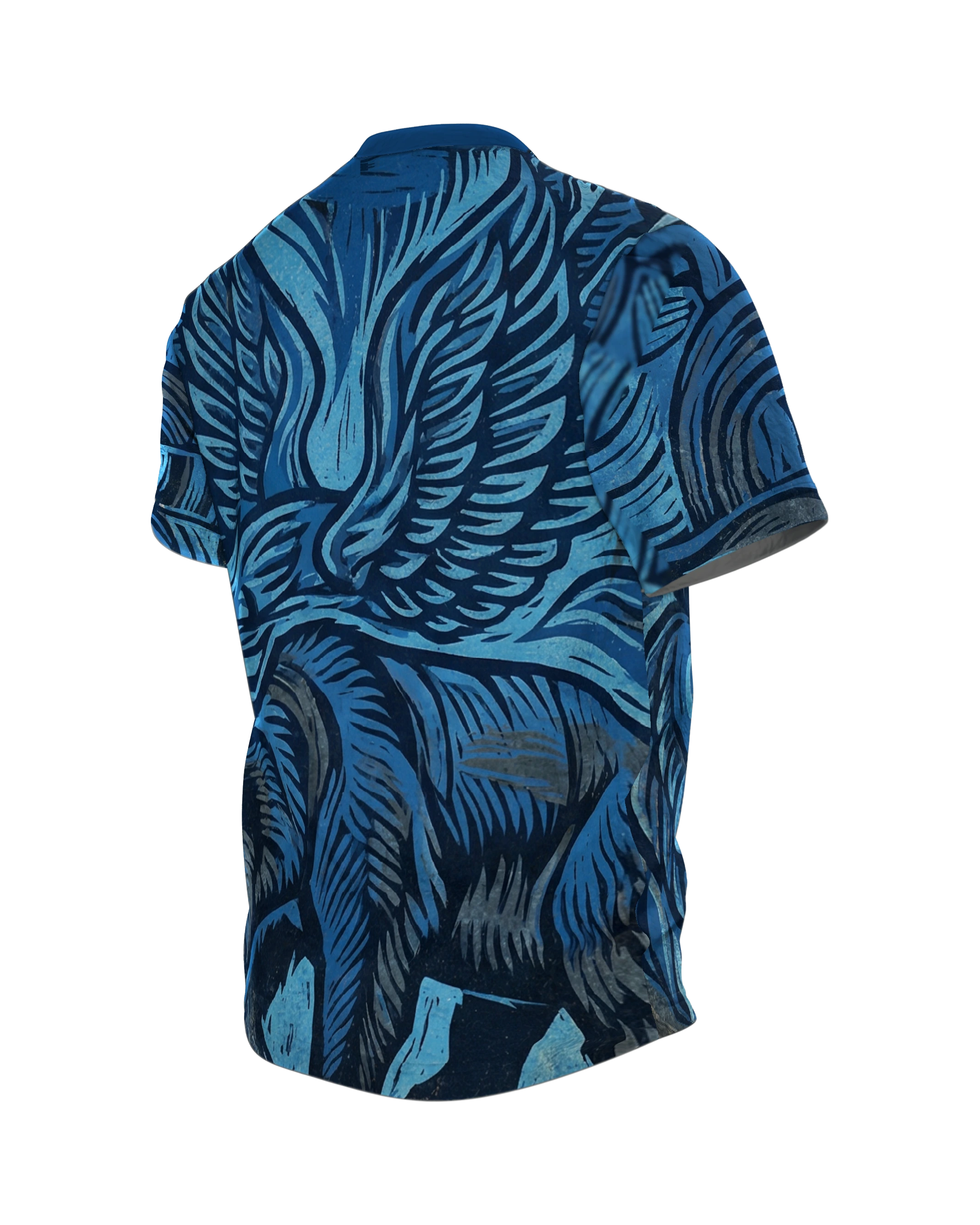 Adler & Bär T-Shirt: Blaues Linolschnitt-Design, Rückseite schräg links