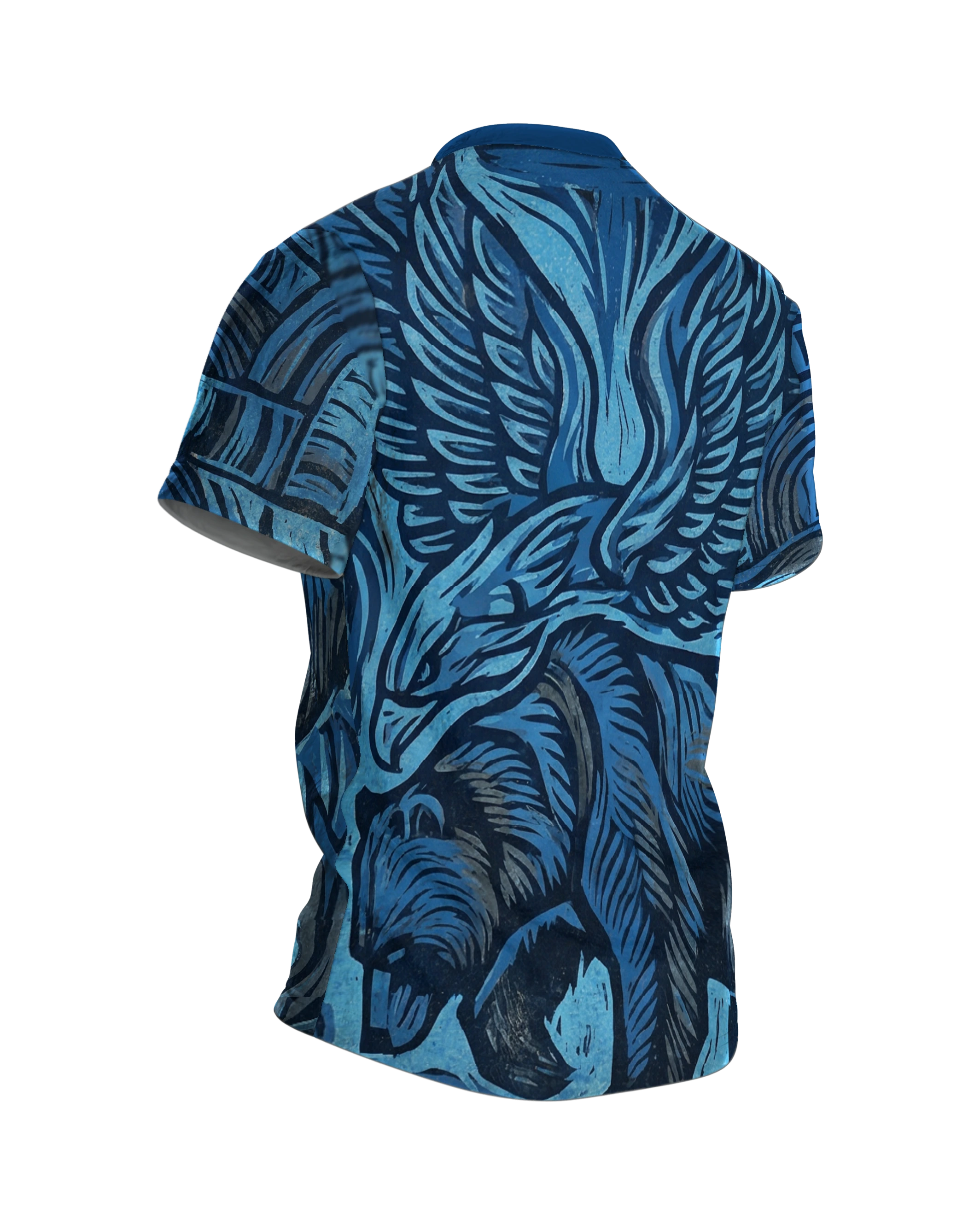 Adler & Bär T-Shirt: Blaues Linolschnitt-Design, Rückseite schräg rechts