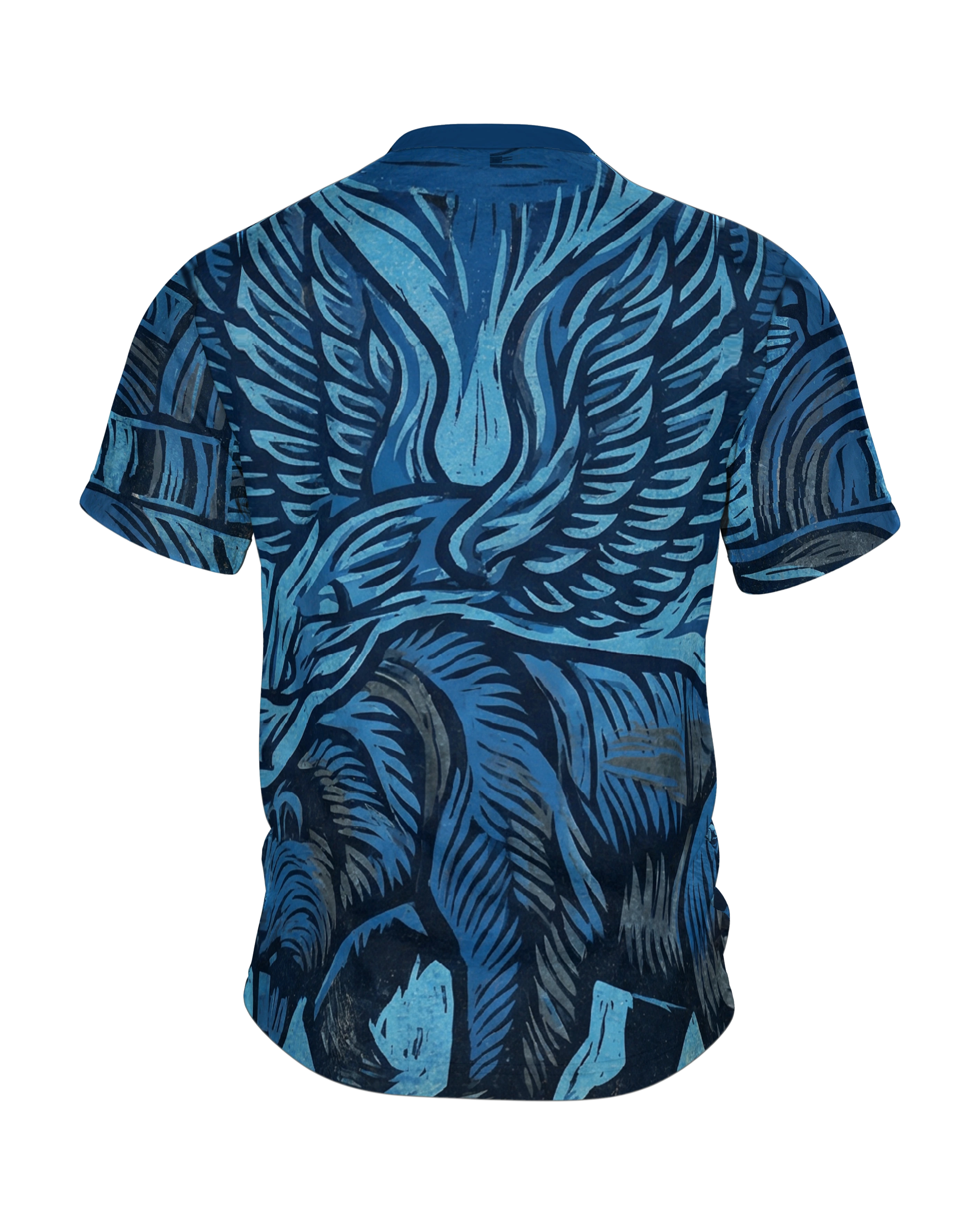 Adler & Bär T-Shirt: Blaues Linolschnitt-Design, Rückseite
