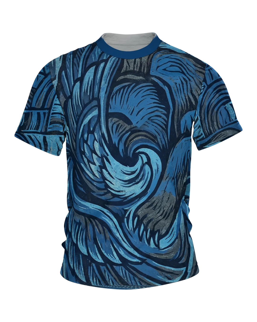 Adler & Bär T-Shirt: Blaues Linolschnitt-Design