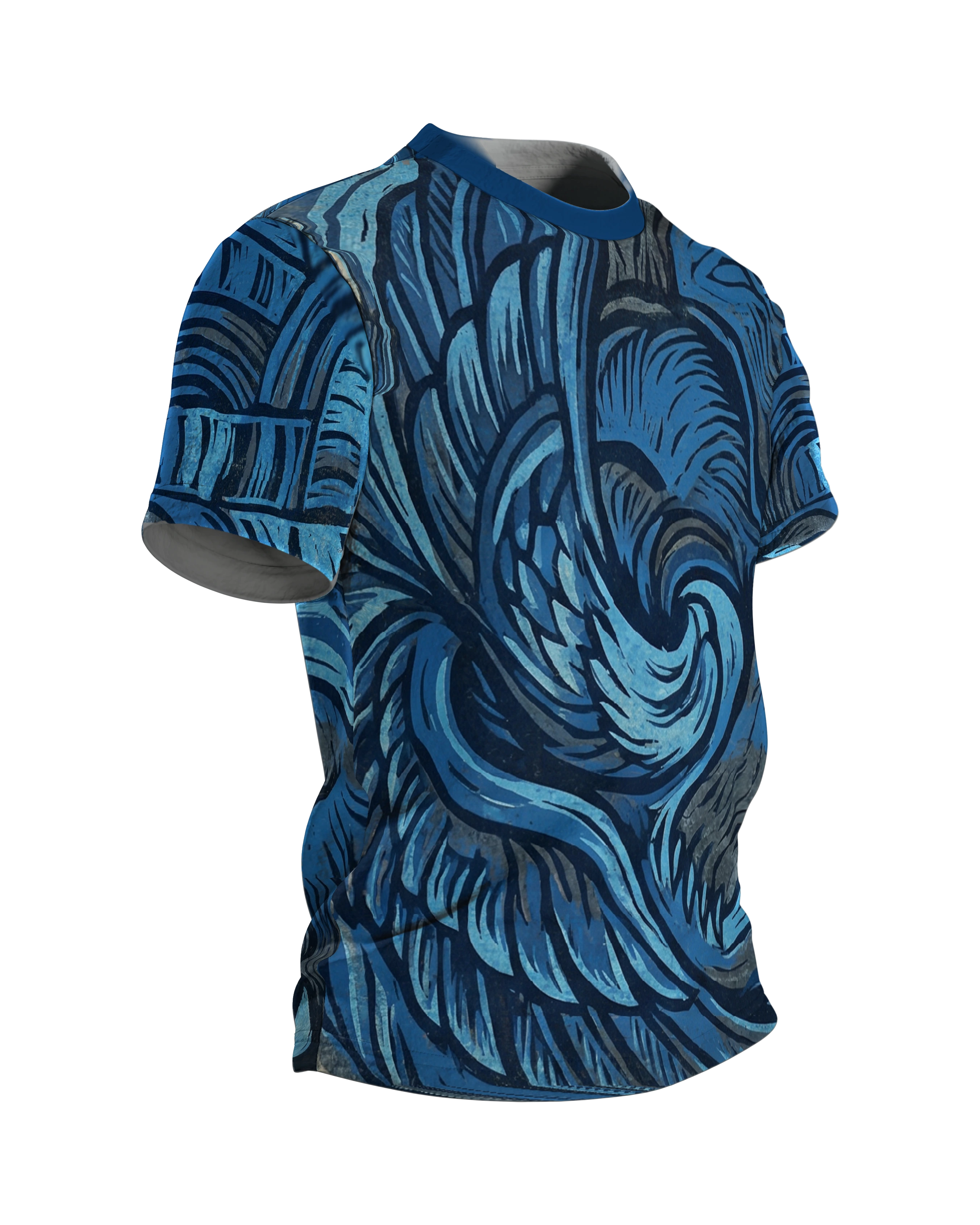 Adler & Bär T-Shirt: Blaues Linolschnitt-Design, Seitenansicht links