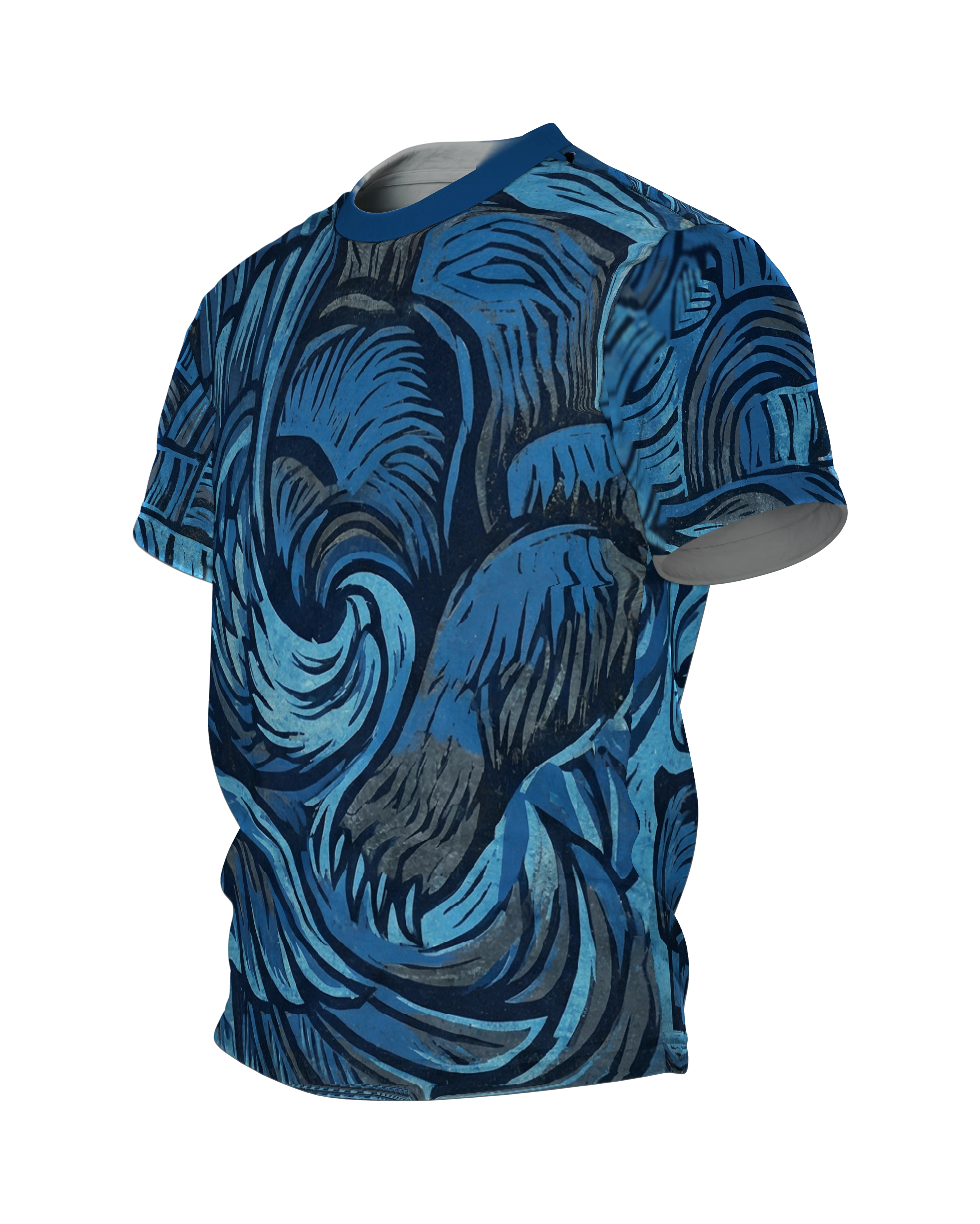 Adler & Bär T-Shirt: Blaues Linolschnitt-Design, Seitenansicht rechts