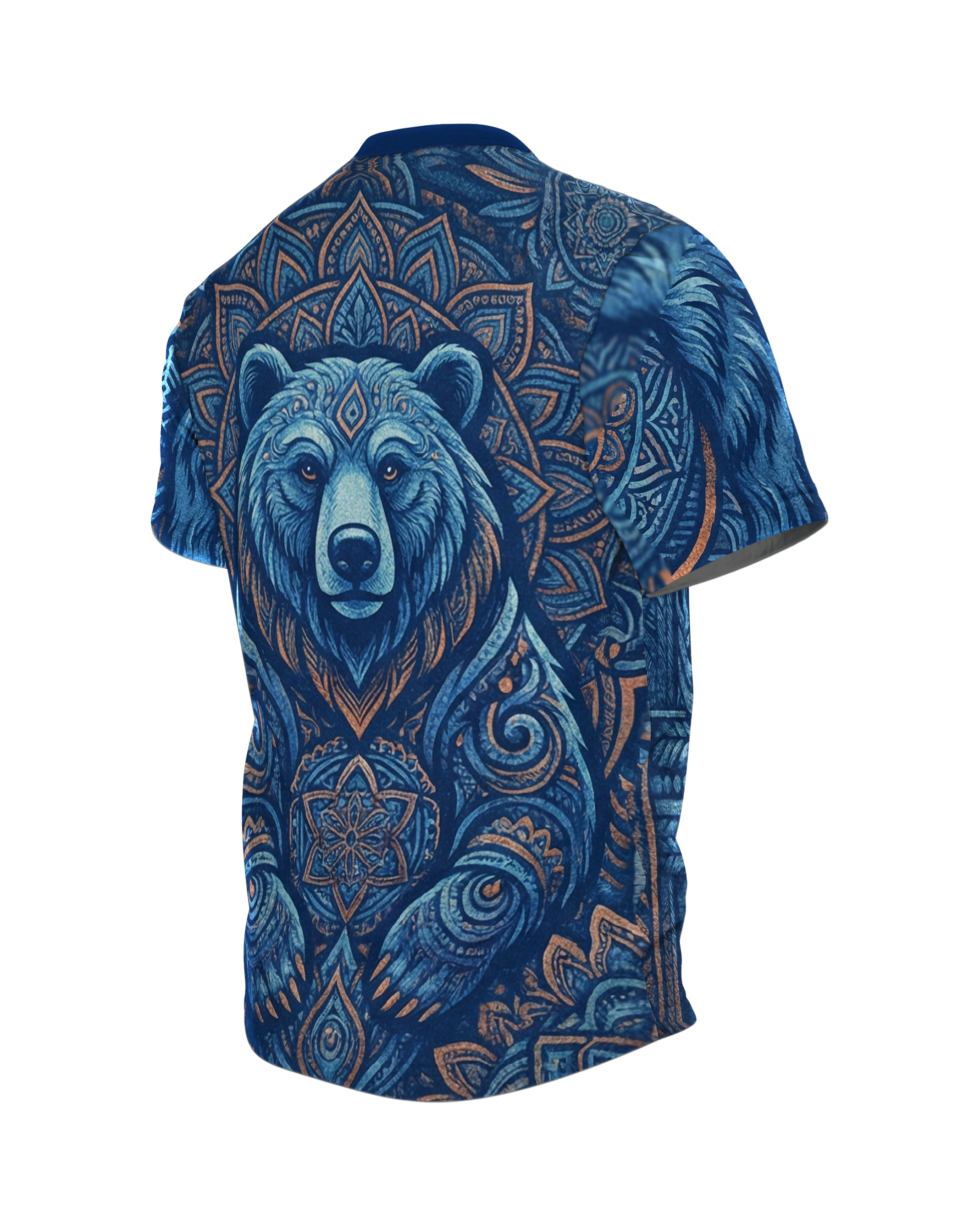 Tribal Adler T-Shirt in Marine und Kupfer, Ornament-Adler vorn, Mandala-Bär am Rücken, Rückseite schräg links