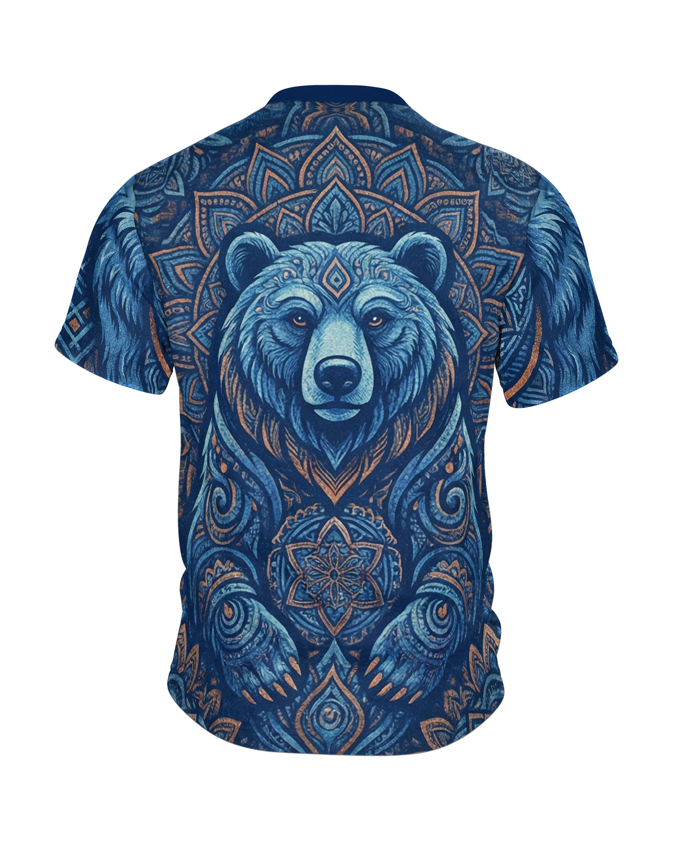 Tribal Adler T-Shirt in Marine und Kupfer, Ornament-Adler vorn, Mandala-Bär am Rücken, Rückseite