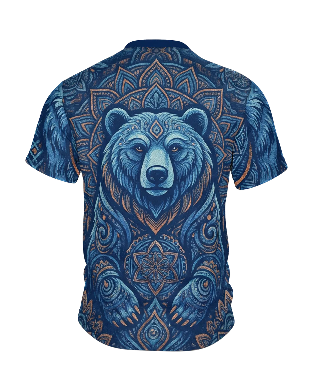 Tribal Adler T-Shirt in Marine und Kupfer, Ornament-Adler vorn, Mandala-Bär am Rücken, Rückseite