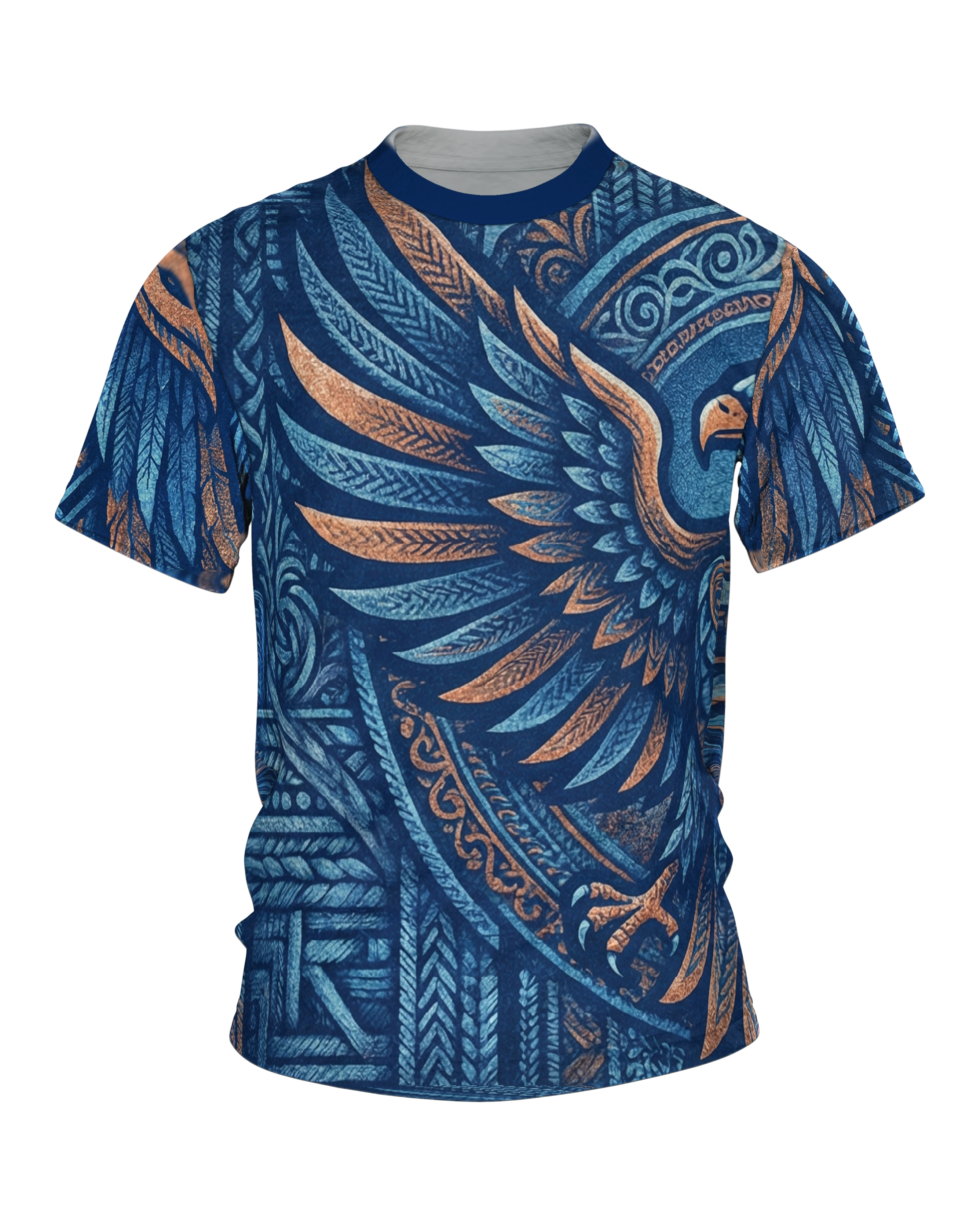 Tribal Adler T-Shirt in Marine und Kupfer, Ornament-Adler vorn, Mandala-Bär am Rücken