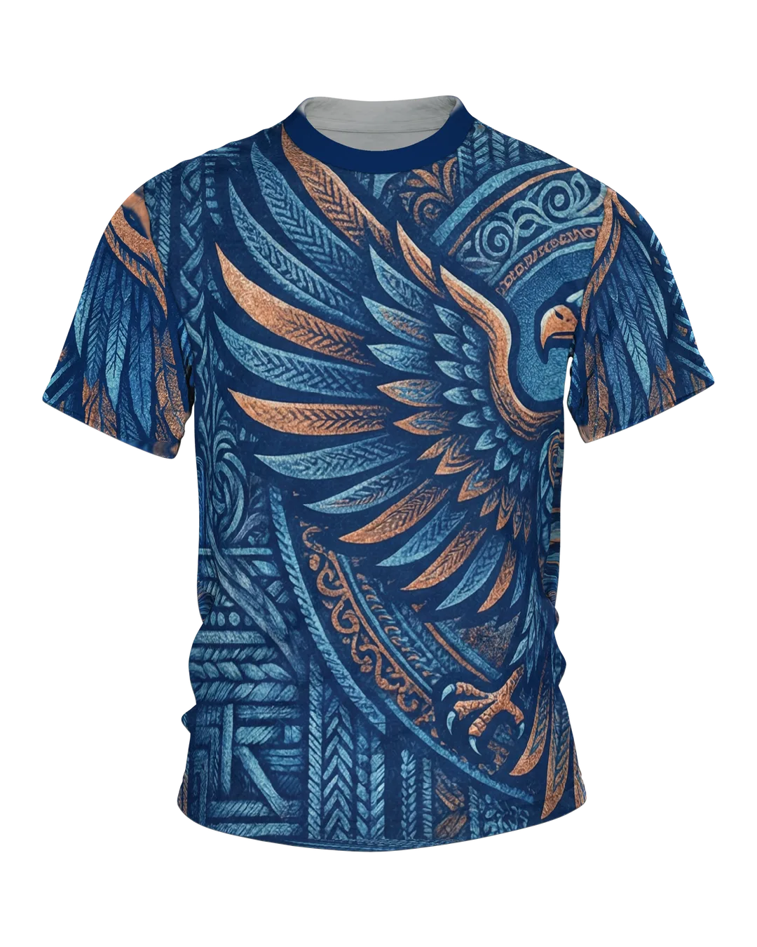 Tribal Adler T-Shirt in Marine und Kupfer, Ornament-Adler vorn, Mandala-Bär am Rücken