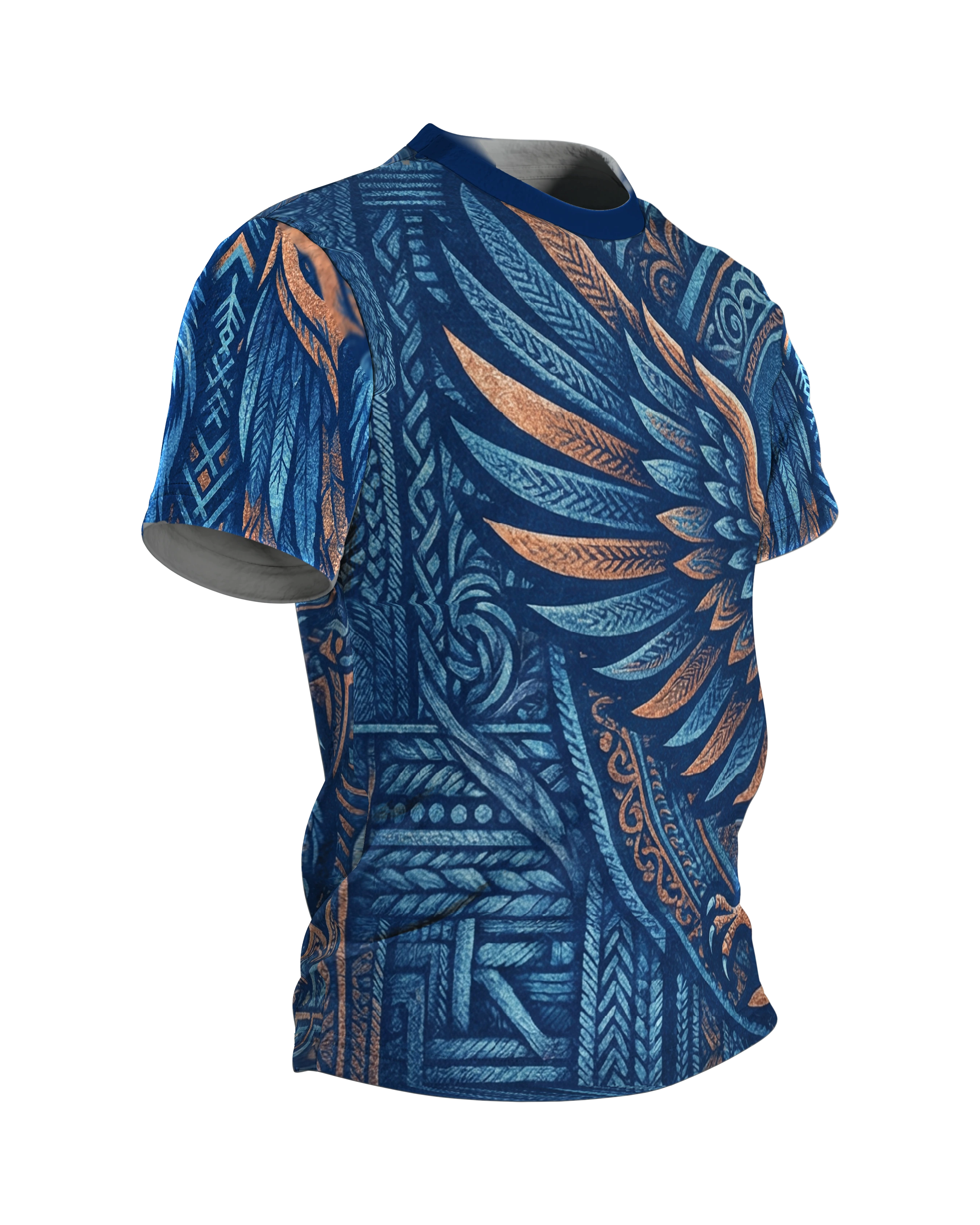 Tribal Adler T-Shirt in Marine und Kupfer, Ornament-Adler vorn, Mandala-Bär am Rücken, Seitenansicht links