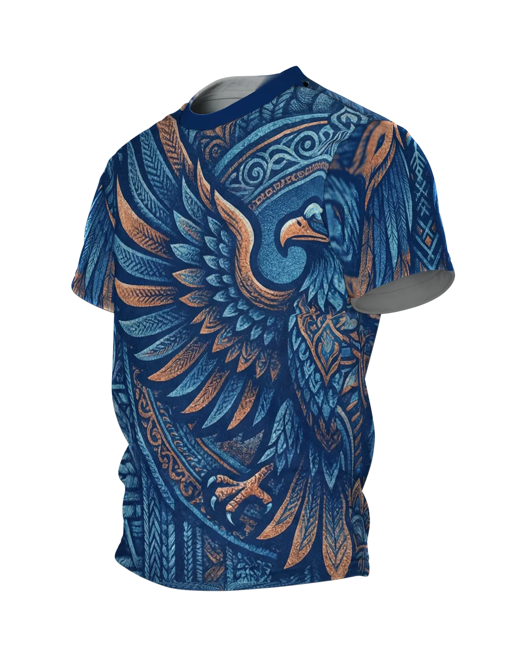Tribal Adler T-Shirt in Marine und Kupfer, Ornament-Adler vorn, Mandala-Bär am Rücken, Seitenansicht rechts