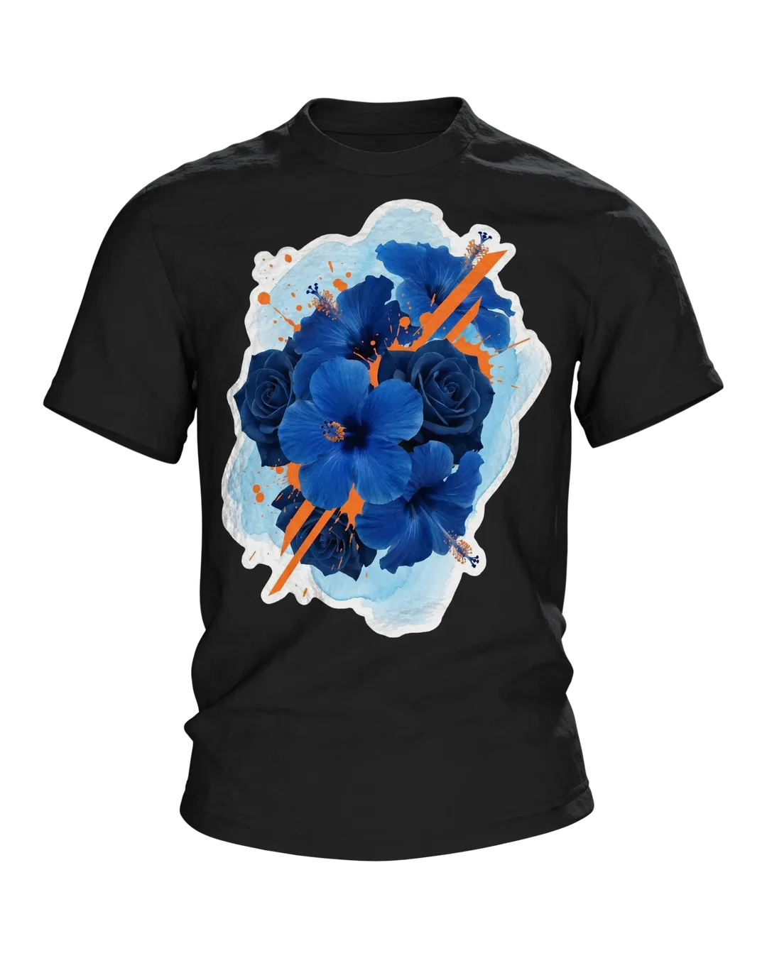 Hibiskus Rosen T-Shirt: Blaues Bouquet mit Orange-Akzenten