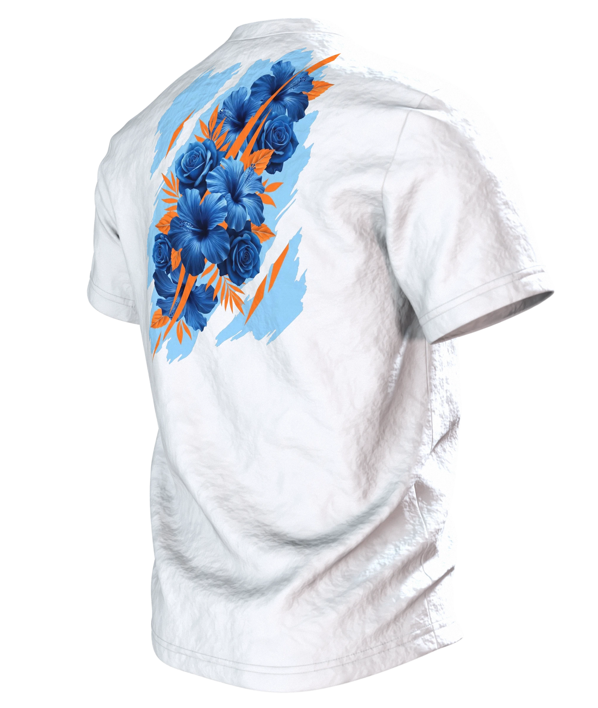 Hibiskus Rosen T-Shirt: Blaues Bouquet mit Orange-Akzenten, Rückseite schräg links