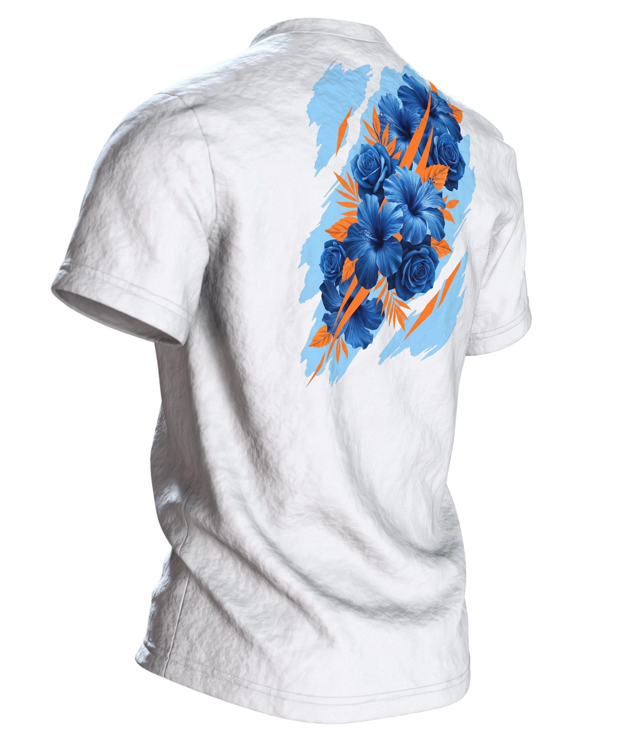 Hibiskus Rosen T-Shirt: Blaues Bouquet mit Orange-Akzenten, Rückseite schräg rechts