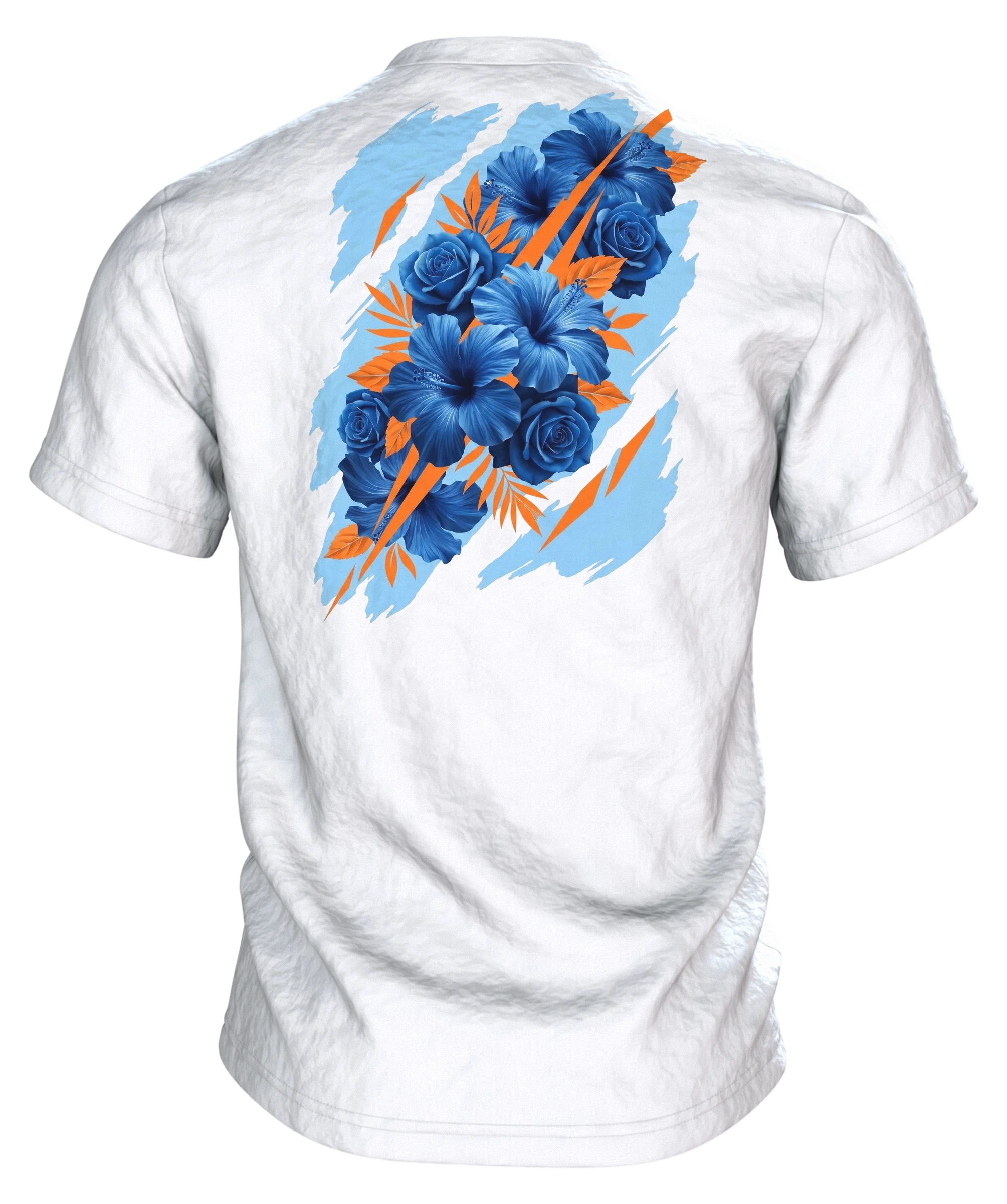 Hibiskus Rosen T-Shirt: Blaues Bouquet mit Orange-Akzenten, Rückseite