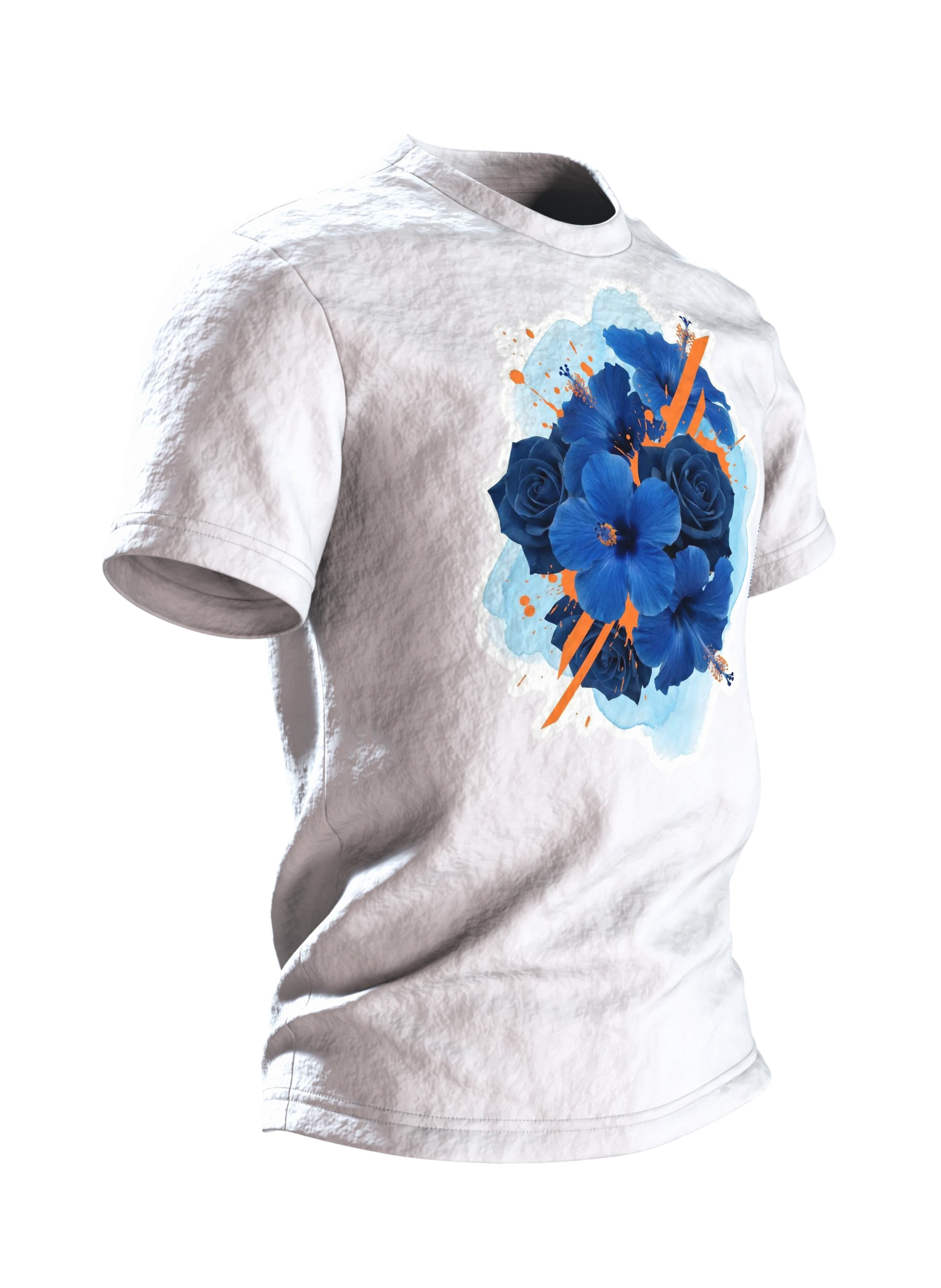 Hibiskus Rosen T-Shirt: Blaues Bouquet mit Orange-Akzenten, Seitenansicht links