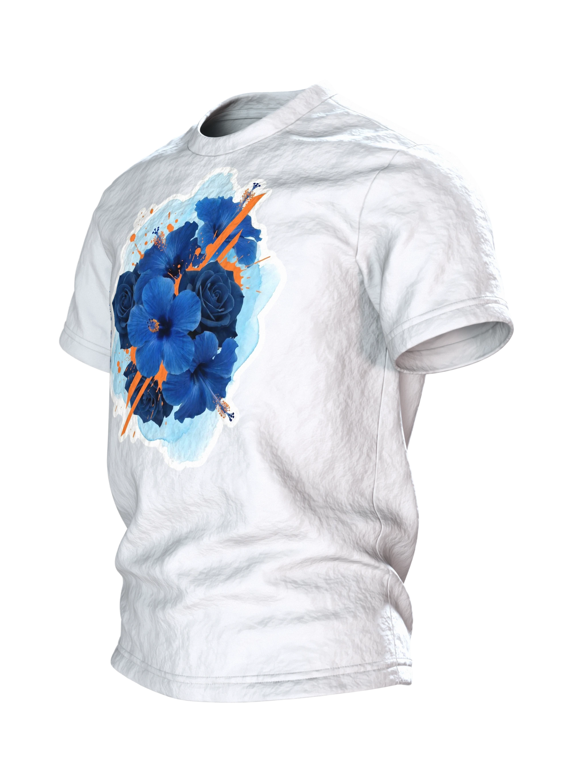 Hibiskus Rosen T-Shirt: Blaues Bouquet mit Orange-Akzenten, Seitenansicht rechts