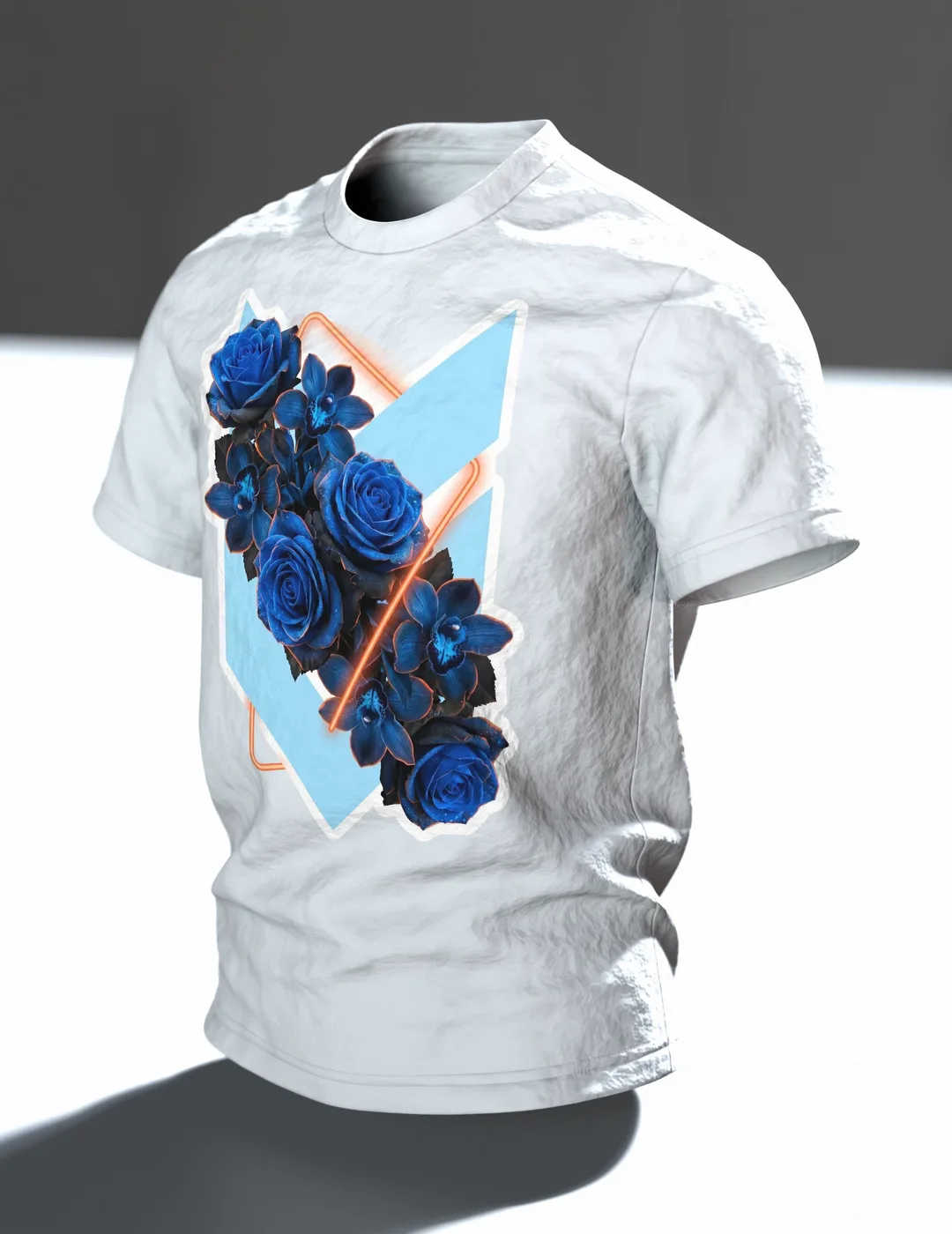 Blaue Rosen im Neon-Ring, fotorealistisches Bouquet mit Orchideen auf Hellblau, Im Raum, schräg