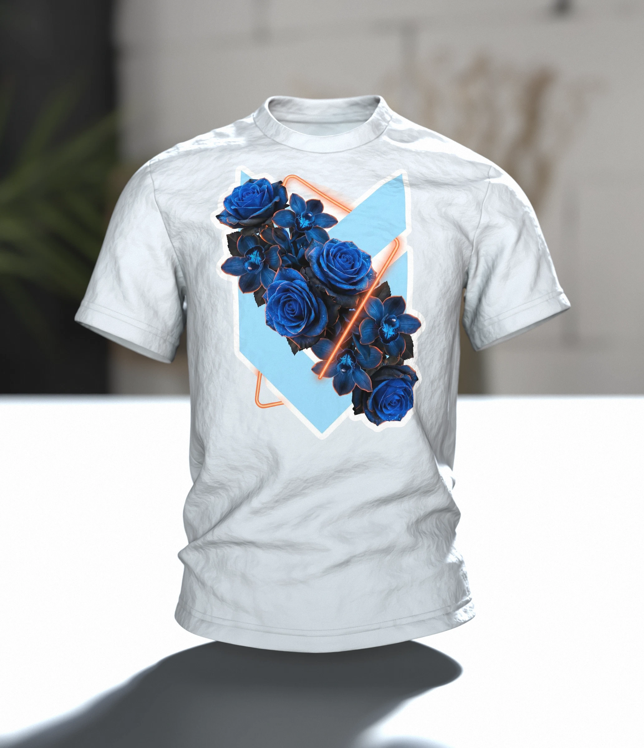Blaue Rosen im Neon-Ring, fotorealistisches Bouquet mit Orchideen auf Hellblau, Im Raum