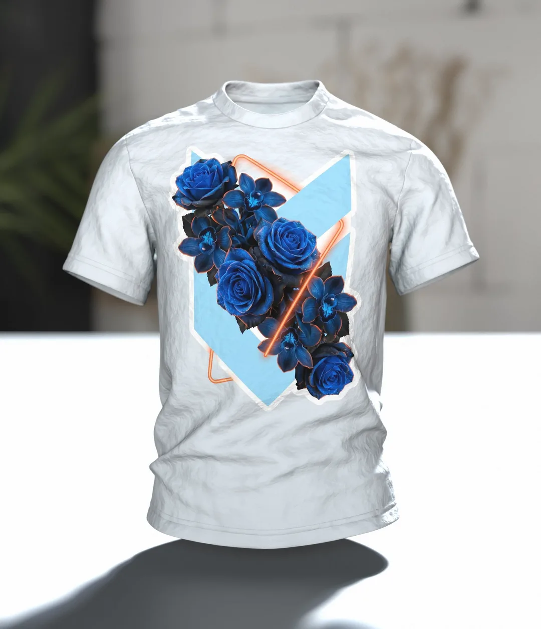 Blaue Rosen im Neon-Ring, fotorealistisches Bouquet mit Orchideen auf Hellblau, Im Raum